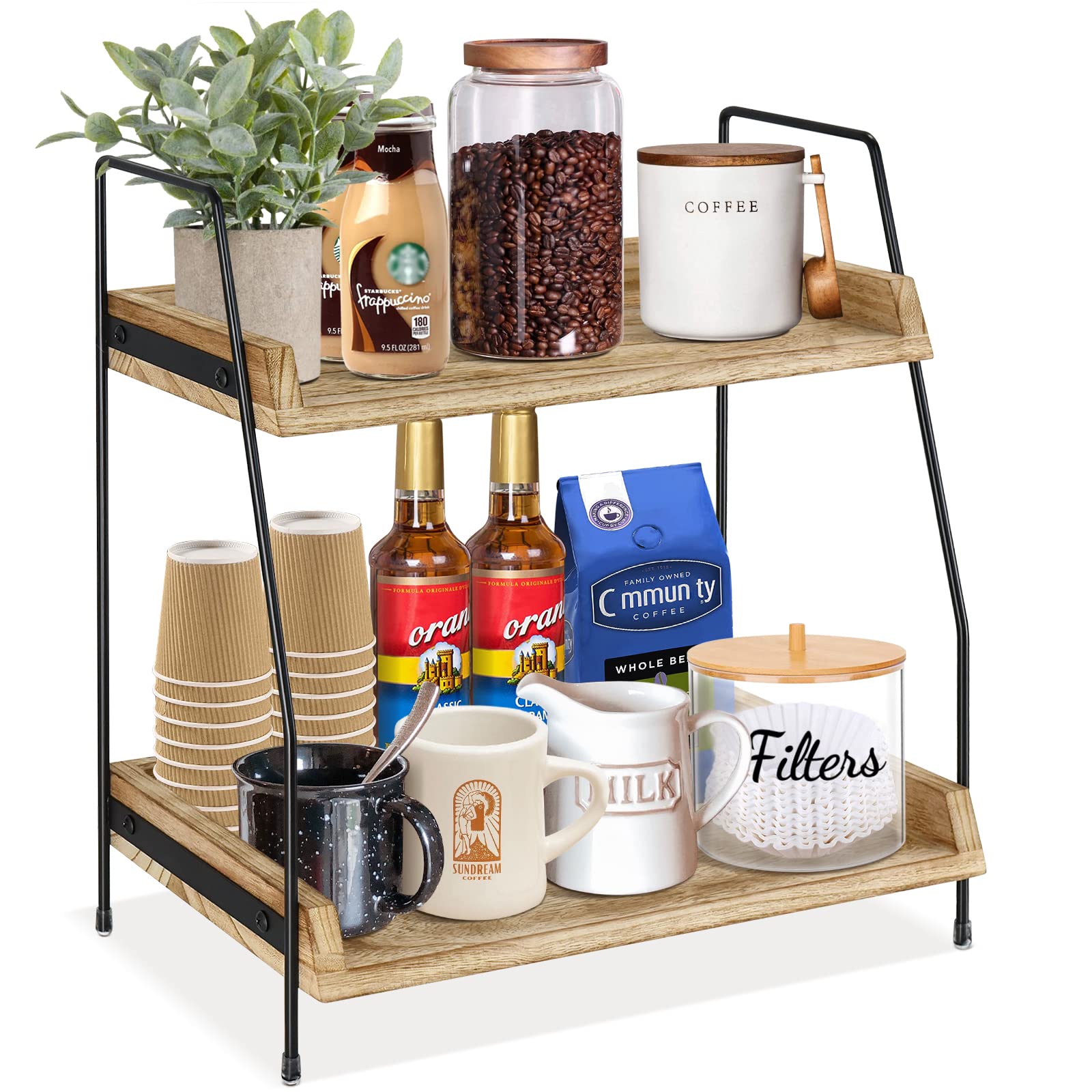 Premium Coffee Bar Accessories Set - Countertop Organizer for Coffee Station, Kitchen Shelf & Condiment Storage with Cup Lid Holder - Perfect for Home, Office & Bathroom (Brown)