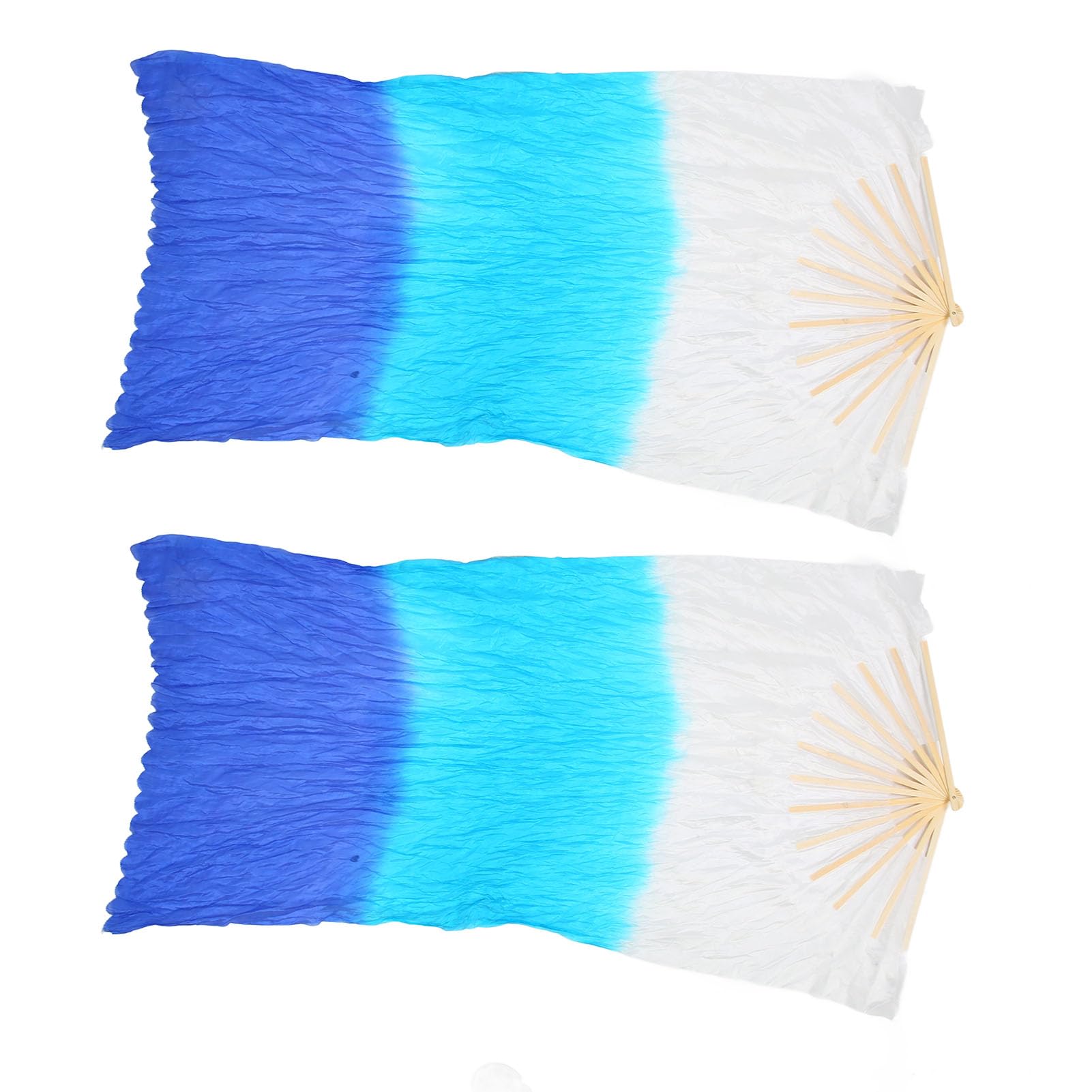 2Pcs 1.5m Artificial Silk Belly Dance Bamboo Fans - White, Cyan & Blue Tricolor Long Veil Dancing Fans for Professional Performances & Costume Props - Perfect for Belly Dance, Stage Shows & Cultural Events