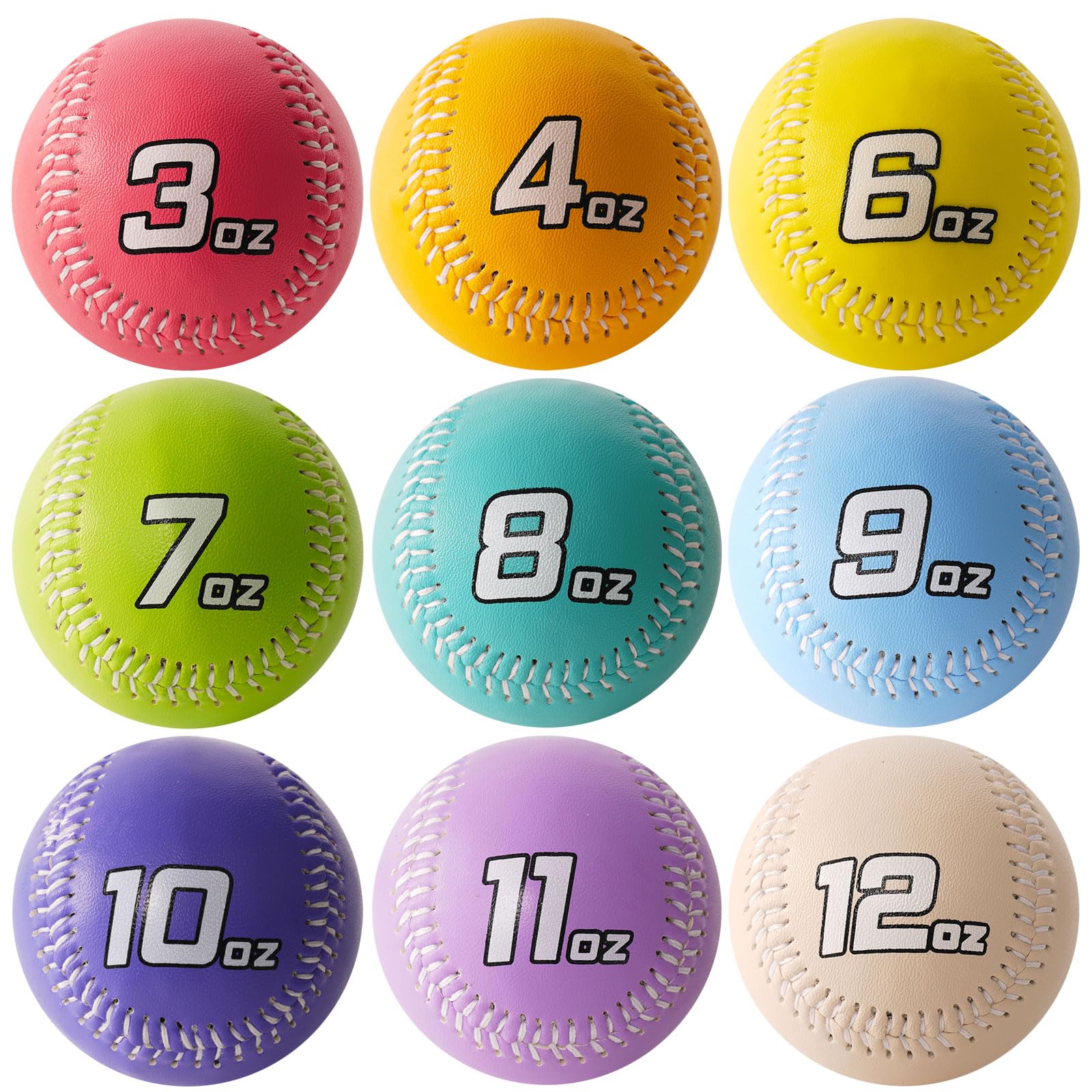 Premium Leather Weighted Baseballs Set of 9 (3-12 oz) - Professional Training Balls for Hitting, Throwing & Batting Practice - Perfect for Baseball Players of All Skill Levels - Ideal for Home, Field & Gym Training Sessions