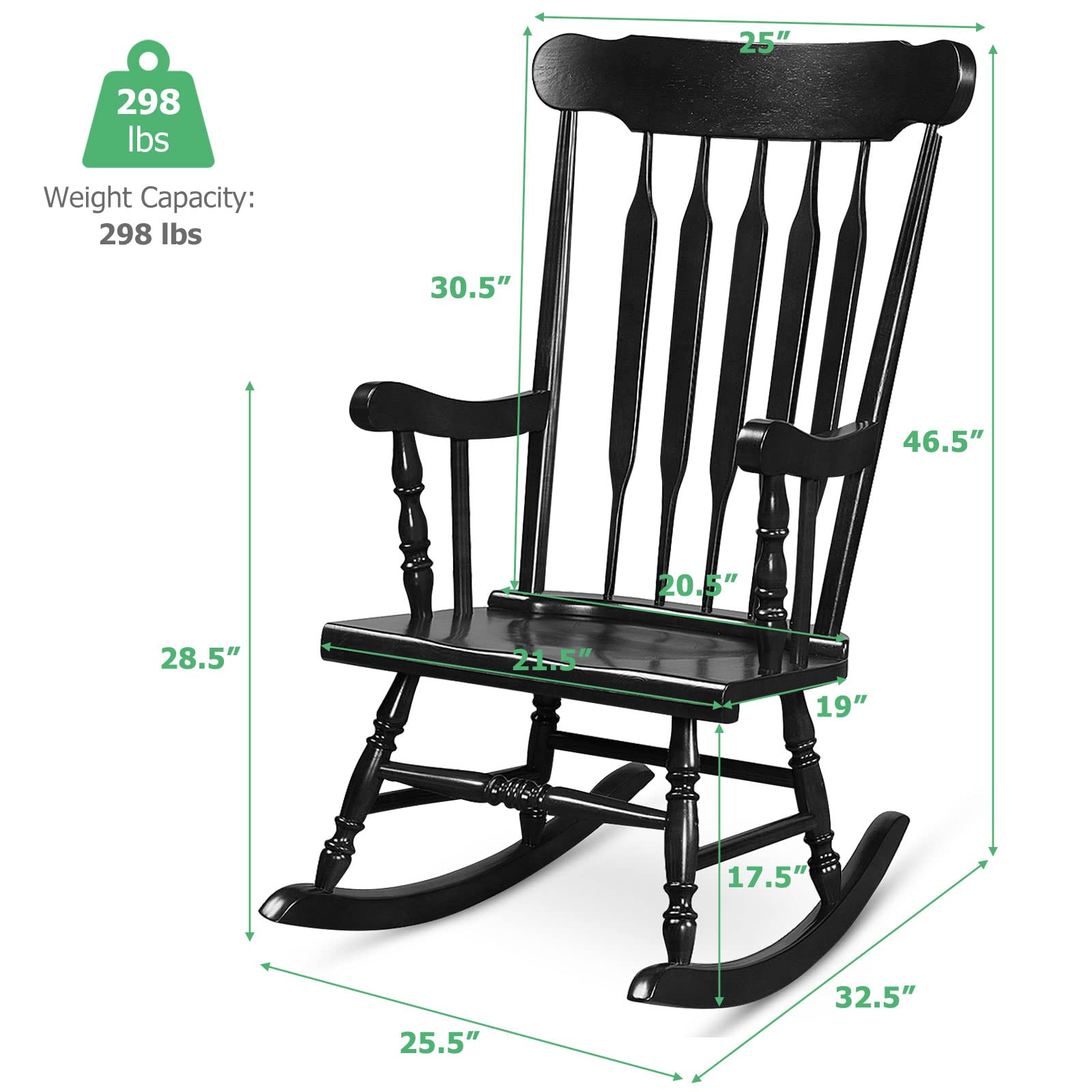 Tangkula Solid Rubber Wood Patio Rocking Chair - Outdoor Porch Rocker with Durable Wood Frame - Indoor/Outdoor Wooden Rocking Chair for Garden, Backyard, Balcony & Living Room (Black) - Perfect for Relaxing, Reading & Enjoying Nature