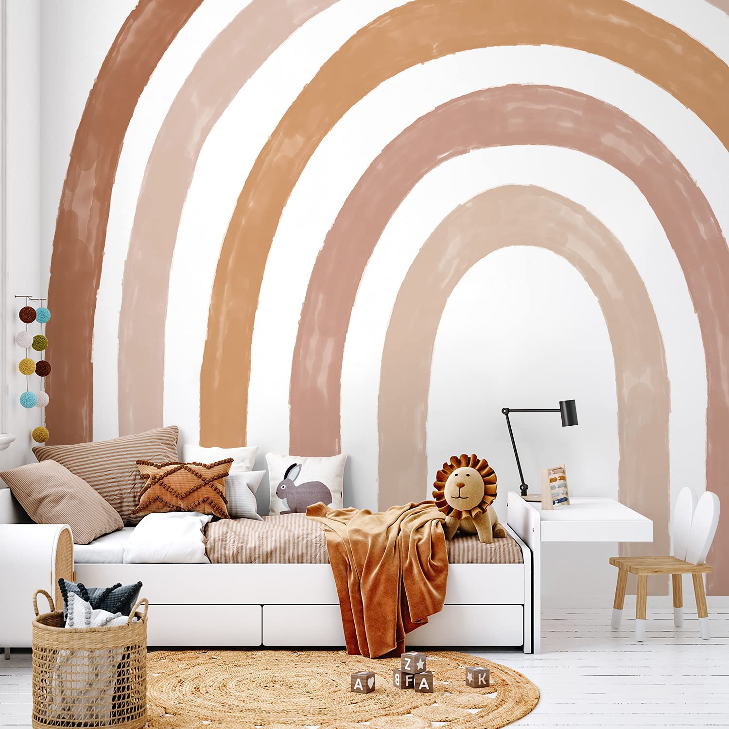 Alwayspon Rainbow Fabric Wall Mural - Self-Adhesive Peel & Stick Wallpaper for Kids Room & Nursery Decor - Boho Brown Rainbow Design - Perfect for Bedroom, Playroom & Dorm Room Wall Decoration