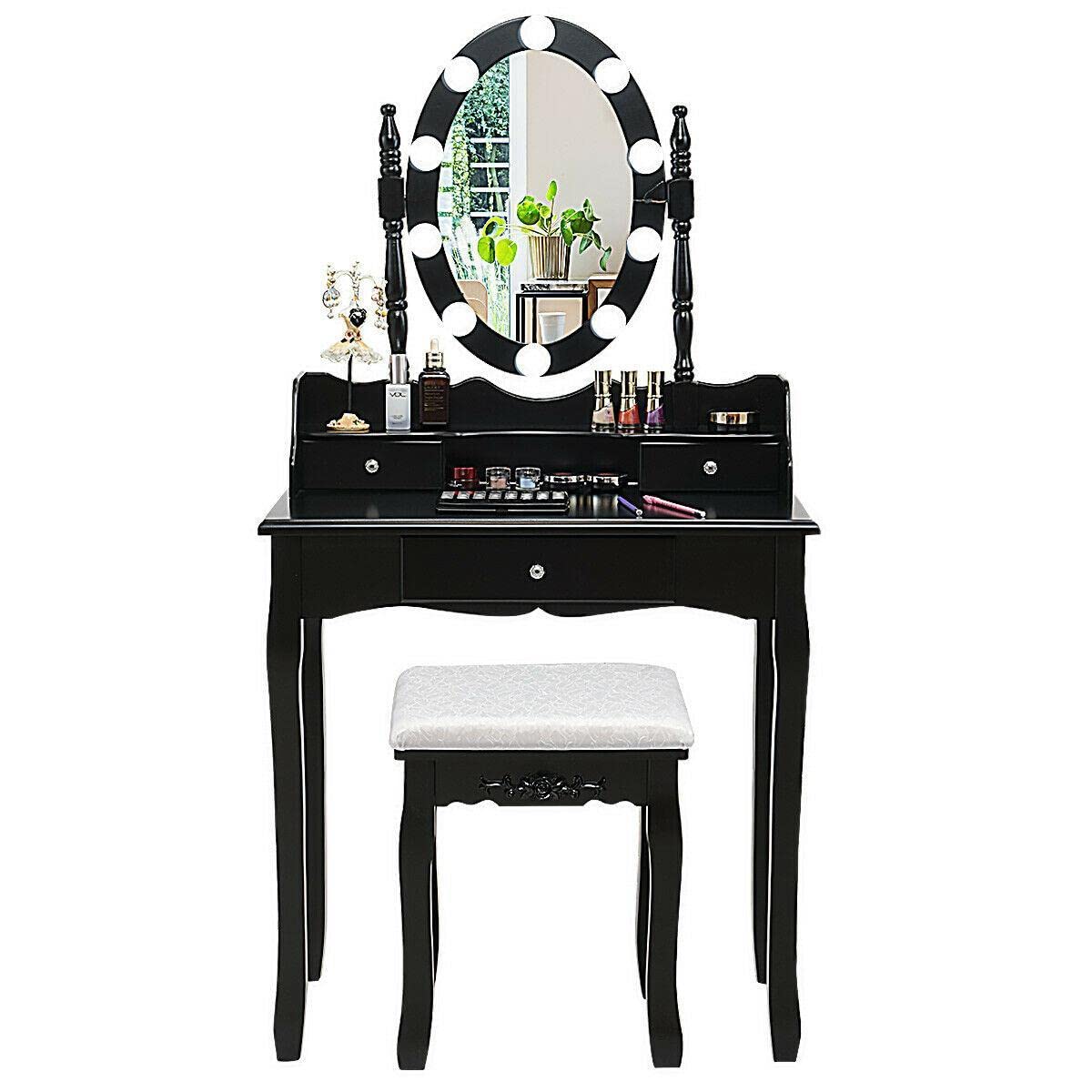 10-Light Dimmable LED Makeup Vanity Set with Touch Switch - Black & White Vanity Desk with Mirror for Bedroom & Bathroom | Perfect for Makeup, Skincare & Hair Styling