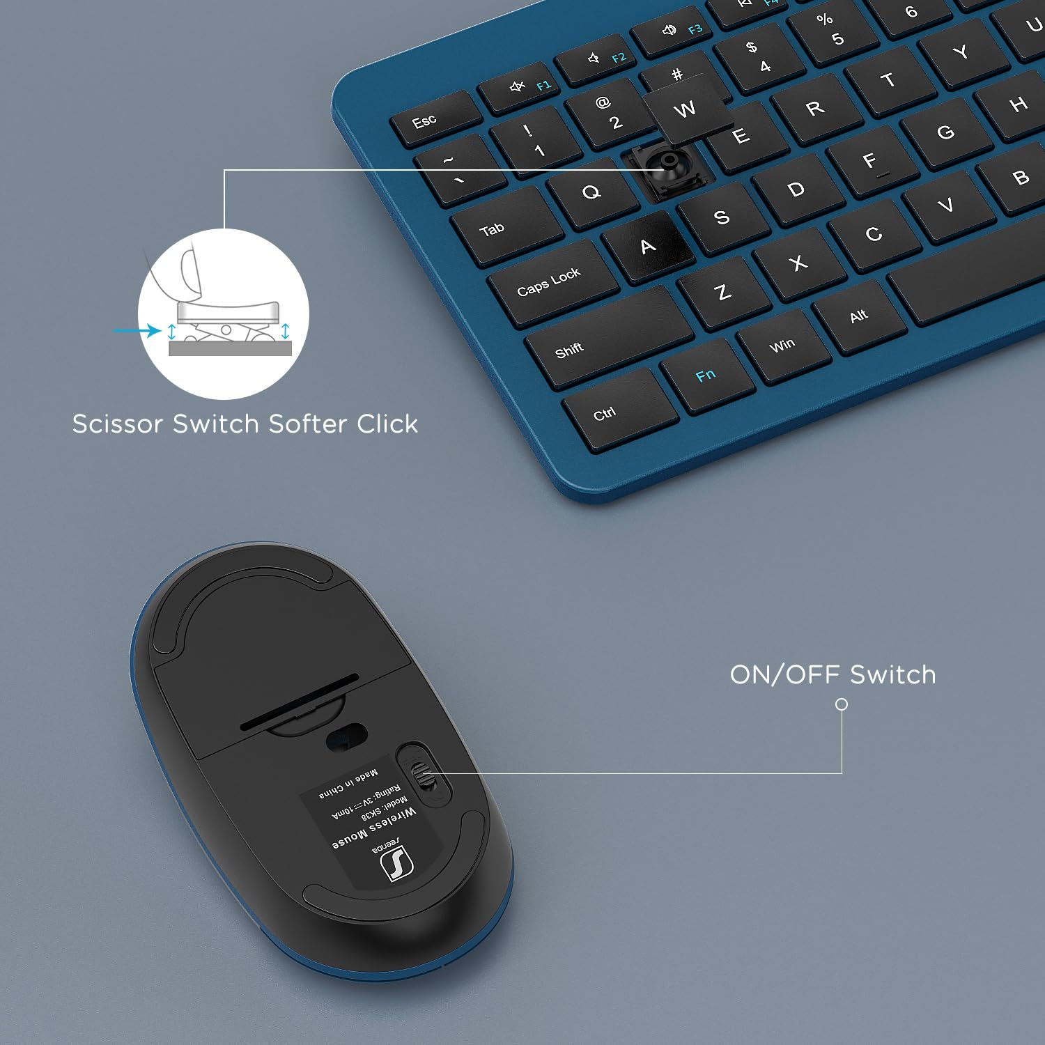 Wireless Keyboard and Mouse Combo - Full Size Slim 2.4G Wireless Keyboard with Numeric Keypad & Adjustable DPI Mouse for PC, Laptop, Office, Home (Dark Blue) | Ergonomic Design for Comfortable Typing & Gaming