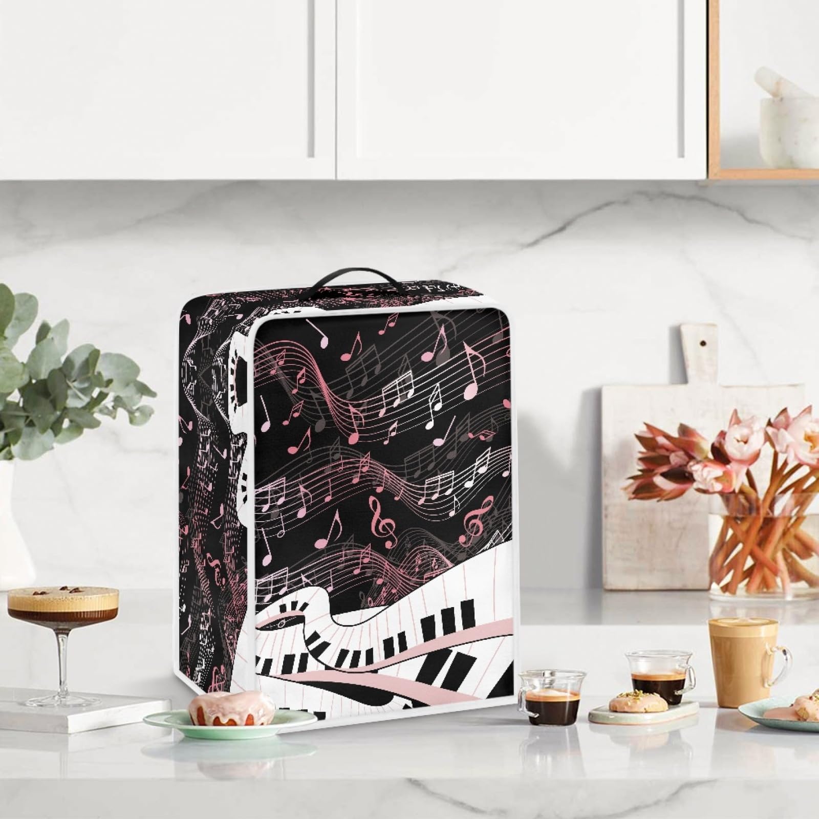 GLENLCWE White & Pink Music Note Coffee Maker Cover with Handle - Foldable Dust Protection Cover for Most Standard Coffee Machines | Perfect for Kitchen, Office, and Dorm Use