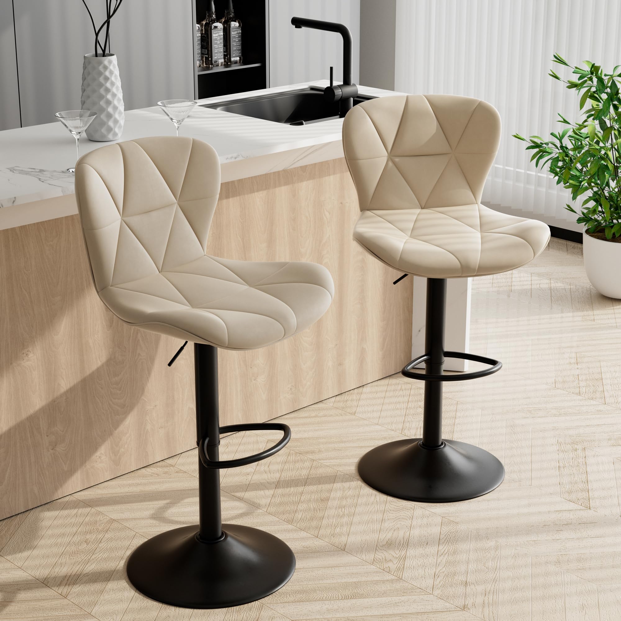 Adjustable Swivel Bar Stools Set of 2 - Faux Leather Upholstered Counter Height Bar Chairs with High Backrest for Kitchen Island, Dining Room & Home Bar (Khaki) - Perfect for Entertaining, Breakfast Nooks & Modern Kitchen Decor