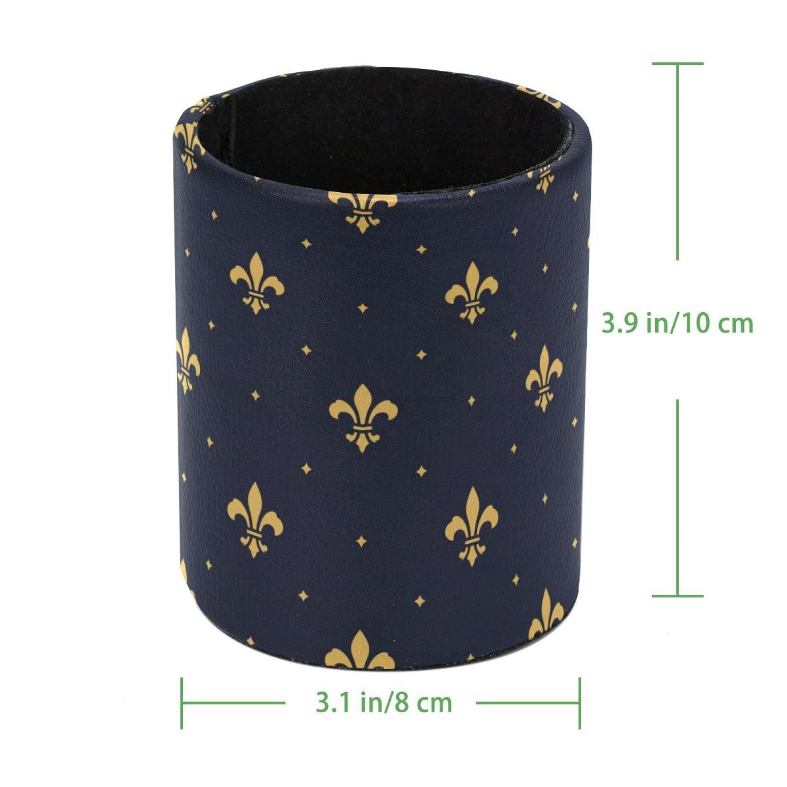Premium Large Capacity Leather Pen Holder with Golden Fleur De Lis Pattern - Desk Organizer for Pens, Pencils & Makeup Brushes - Perfect for Home, Office & School Workspaces