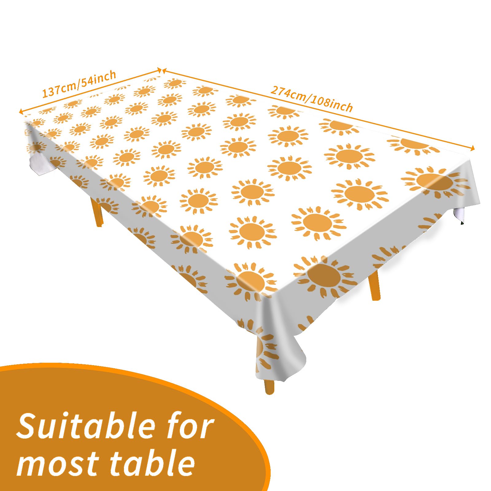 Boho Sun Tablecloths Set of 3 - Waterproof Rectangular Plastic Table Cover 54x108 Inch for First Birthday Party, Baby Shower Decor, Hippie Sunshine Theme - Perfect for Outdoor Celebrations, Picnics & Boho-Themed Events