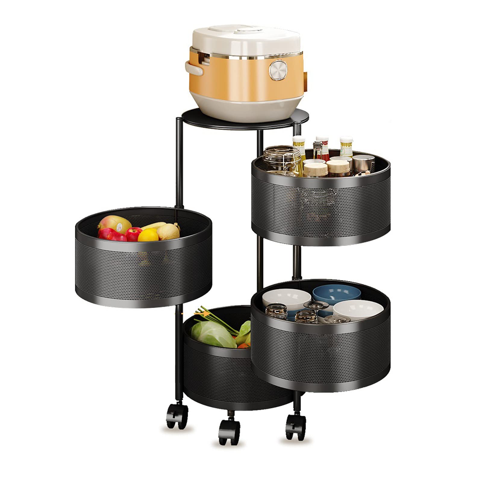 Rotating Kitchen Storage Rack - 4-Tier Black Spinning Organizer for Fruits, Vegetables & Household Items | Space-Saving Solution for Kitchen, Pantry & Bathroom | Perfect for Small Spaces & Clutter-Free Organization