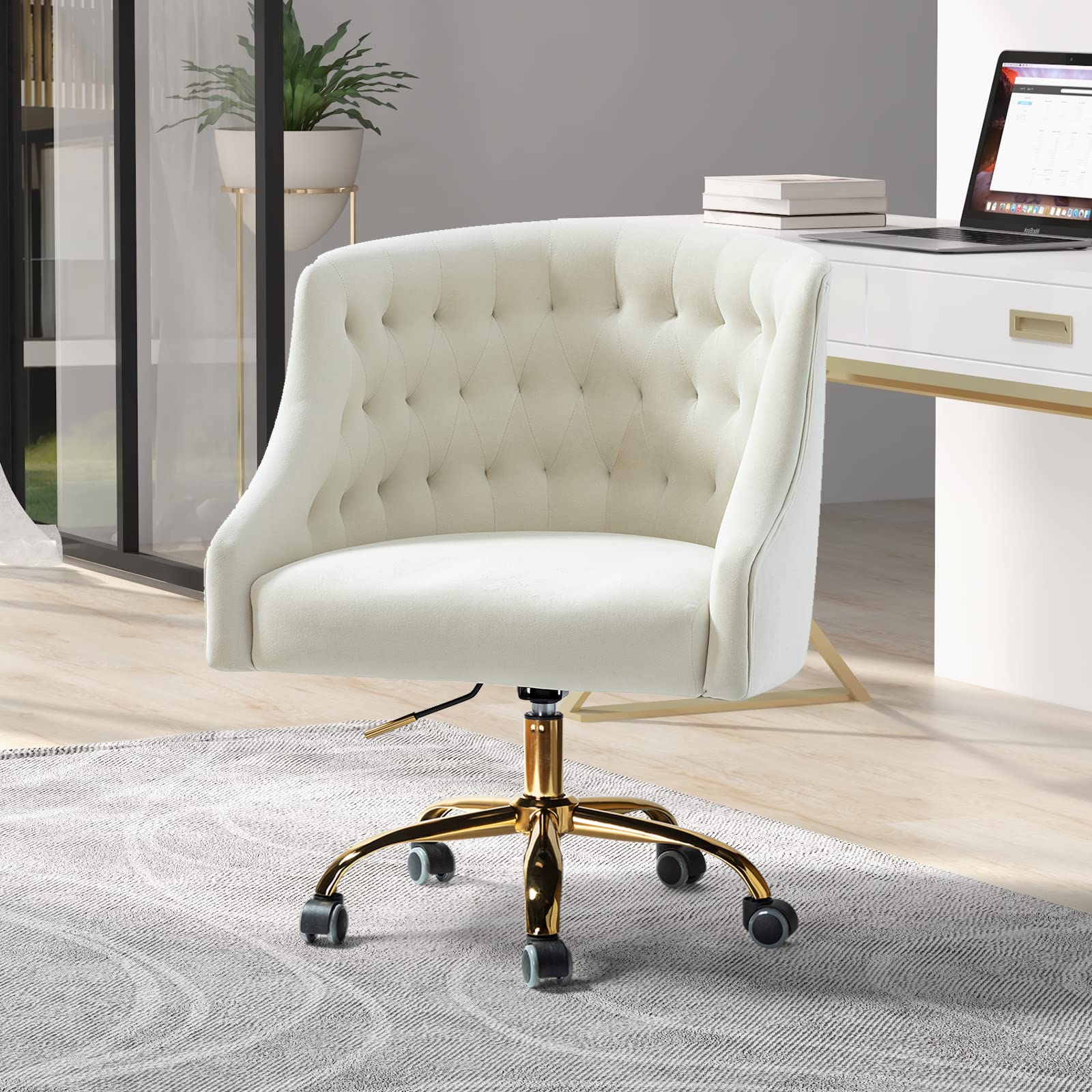 Velvet Home Office Chair with Gold Base - Modern Adjustable Swivel Task Chair for Living Room, Bedroom & Study - Comfortable Desk Chair for Work & Vanity - Ivory | Perfect for Remote Work, Gaming & Makeup Stations