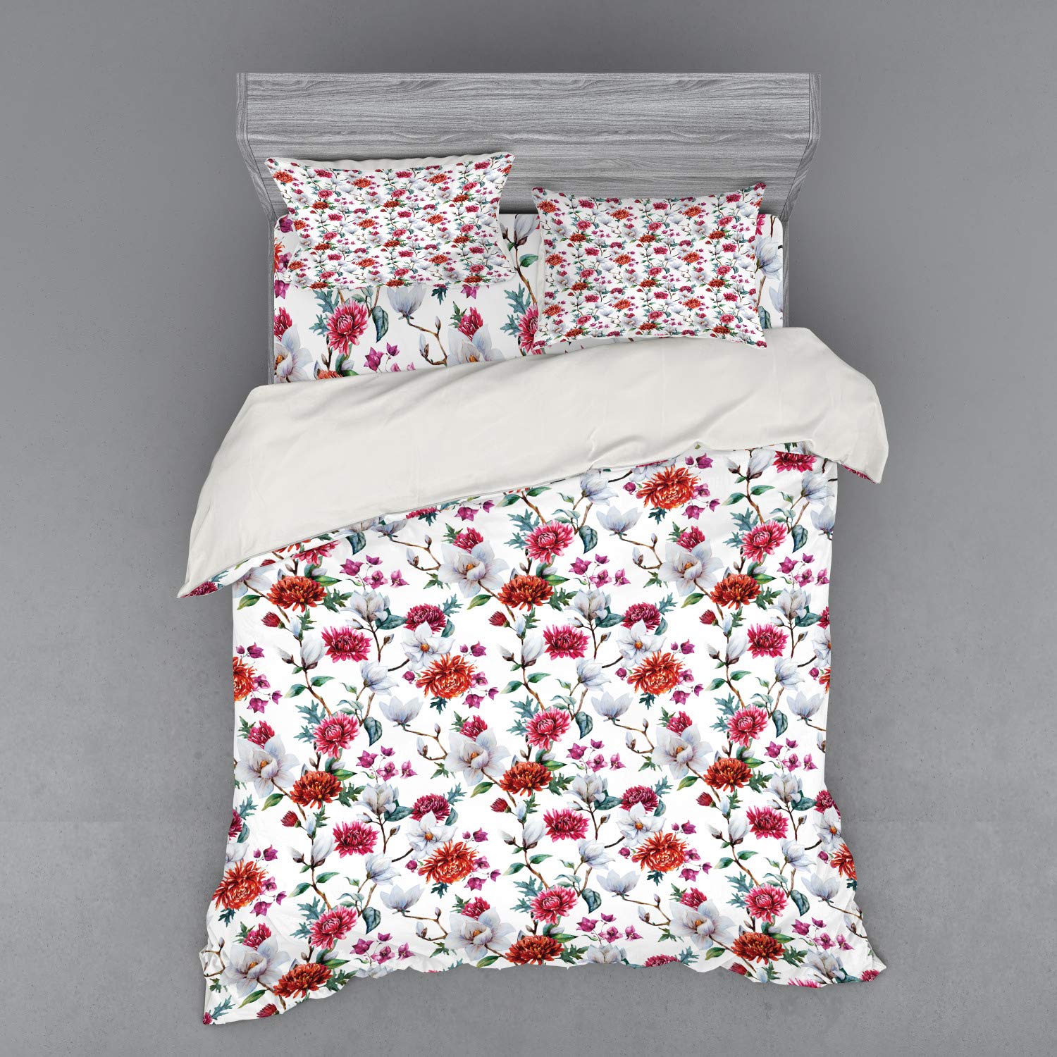 Ambesonne Floral Duvet Cover Set - Romantic Magnolia & Chrysanthemum Design, 4-Piece Queen Size Bedding with Shams & Fitted Sheet in White Red Pink | Perfect for Master Bedroom, Guest Room & Boho Chic Home Decor