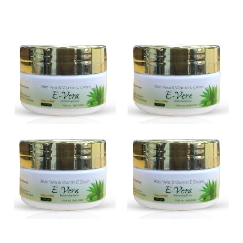 E-Vera Cream with Aloe Vera & Vitamin E - Deep Moisturizing & Glowing Skin Care for All Skin Types - 50g (Pack of 4) - Perfect for Daily Hydration, Dry Skin Relief & Nighttime Nourishment