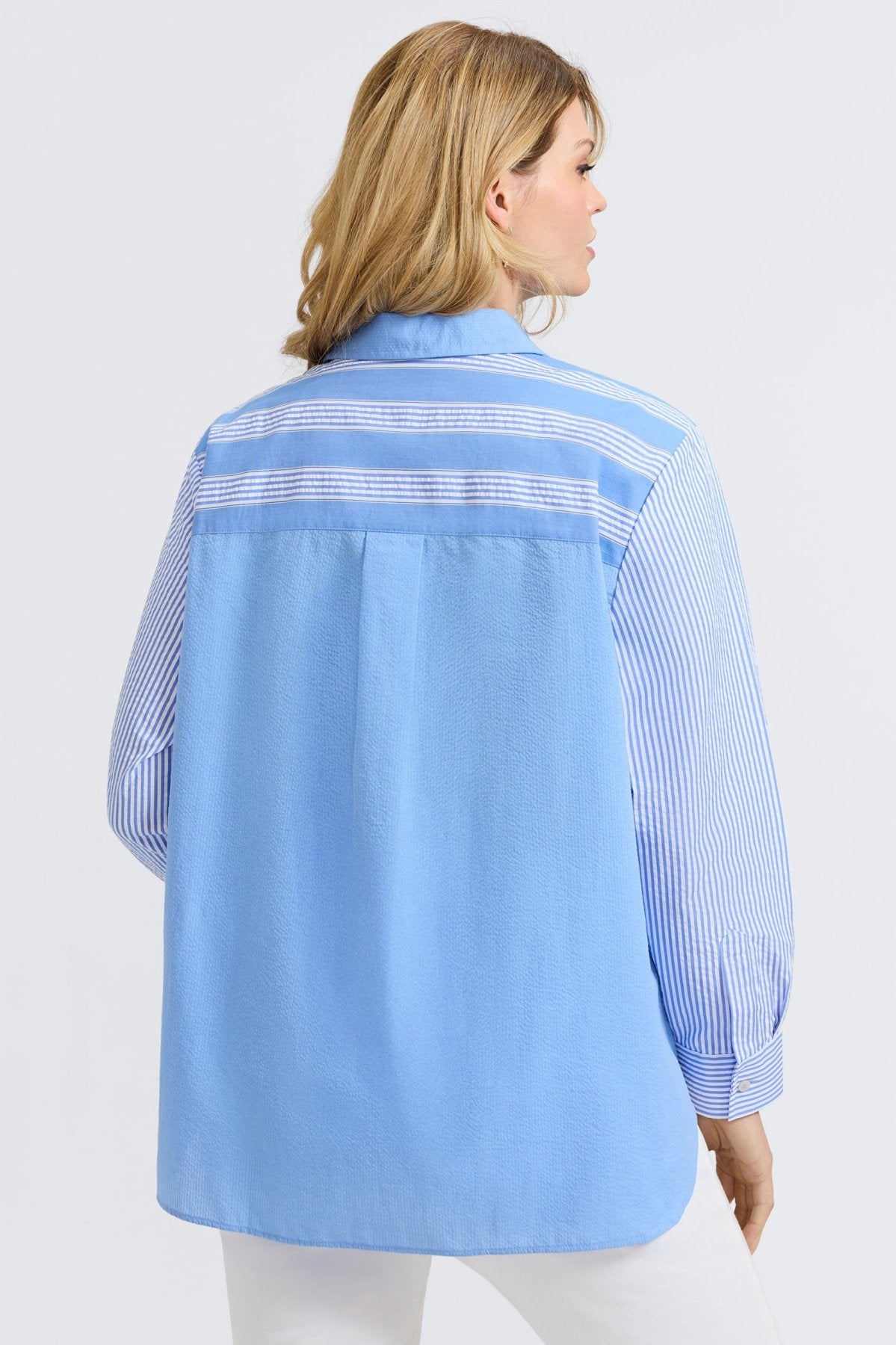 Stylish Boyfriend Plus Seersucker Mixed Stripe Long Sleeve Tunic Top for Women | Casual & Comfortable Loose Fit Blouse | Perfect for Summer Outings, Beach Cover-ups, and Date Nights