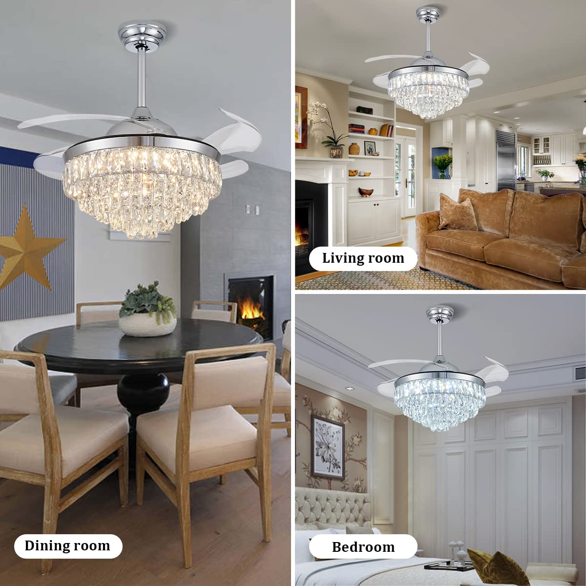 CLAIRDAI 42 Inch Modern Crystal Ceiling Fan with Light - Invisible Fandelier, Ultra Quiet Motor, Timer & Memory Function, Dimmable LED - Perfect for Bedroom, Dining Room, Living Room & Office Spaces