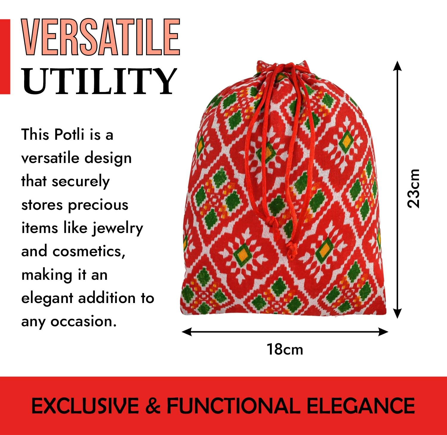 Kuber Industries Silk Wedding Potli Bag - 7x9 Inch Medium Drawstring Closure Clutch for Women - Perfect for Weddings, Baby Showers & Christmas Gifts - Pack of 10 Red Patola-Print Potli Wallets
