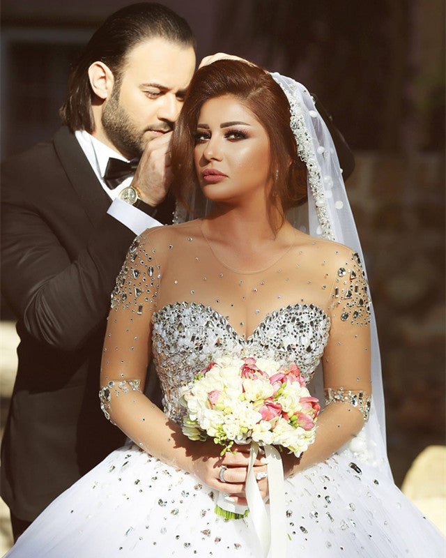 Elegant Crystal Pearl Beaded Organza Ball Gown Wedding Dress with Sheer Long Sleeves - Perfect for Bridal, Prom, Evening Gala & Formal Events