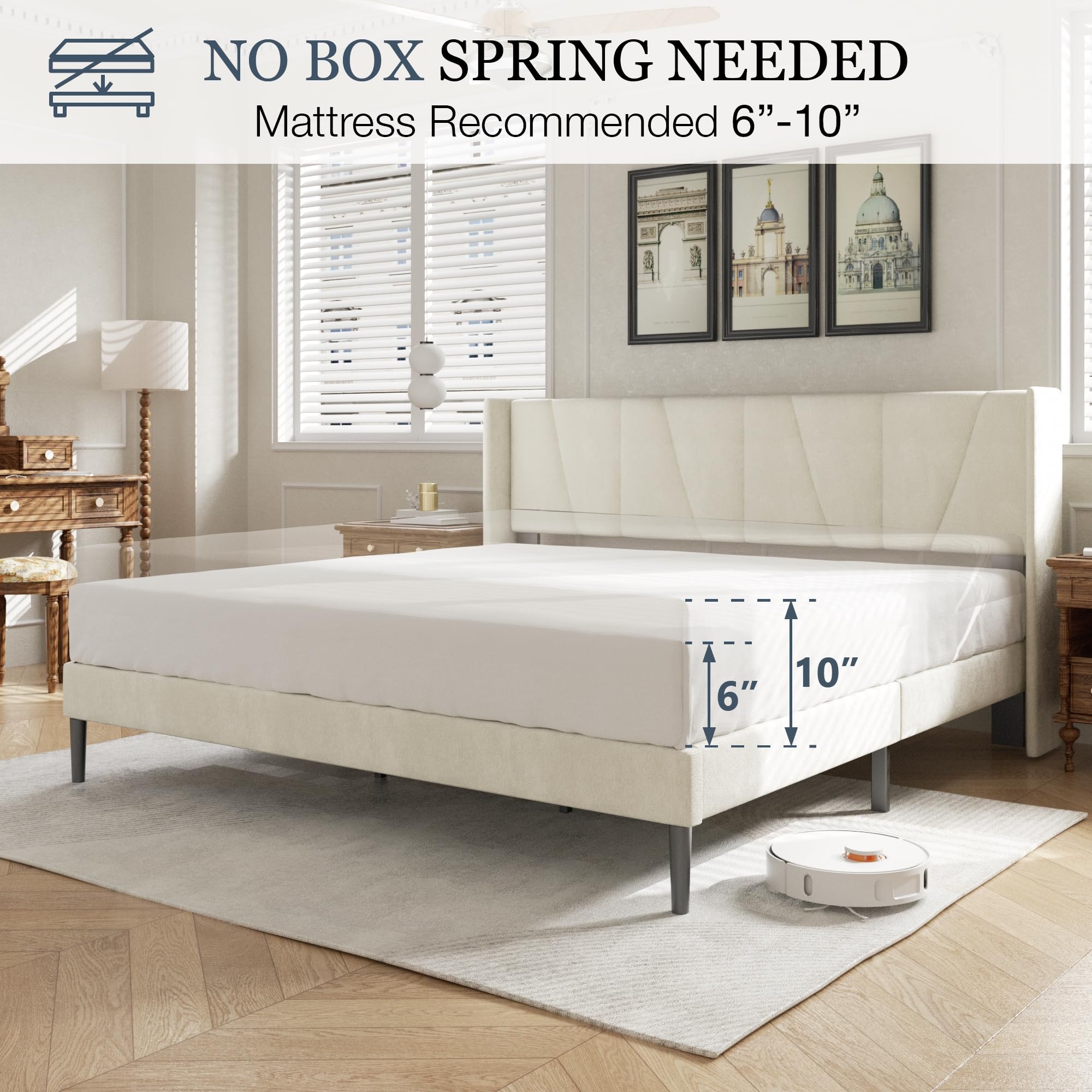 Queen Size Bed Frame with Upholstered Headboard - Velvet Platform Bed, Modern Mattress Foundation, Noise-Free, No Box Spring Needed, Easy Assembly, Beige - Perfect for Master Bedroom, Guest Room & Apartment