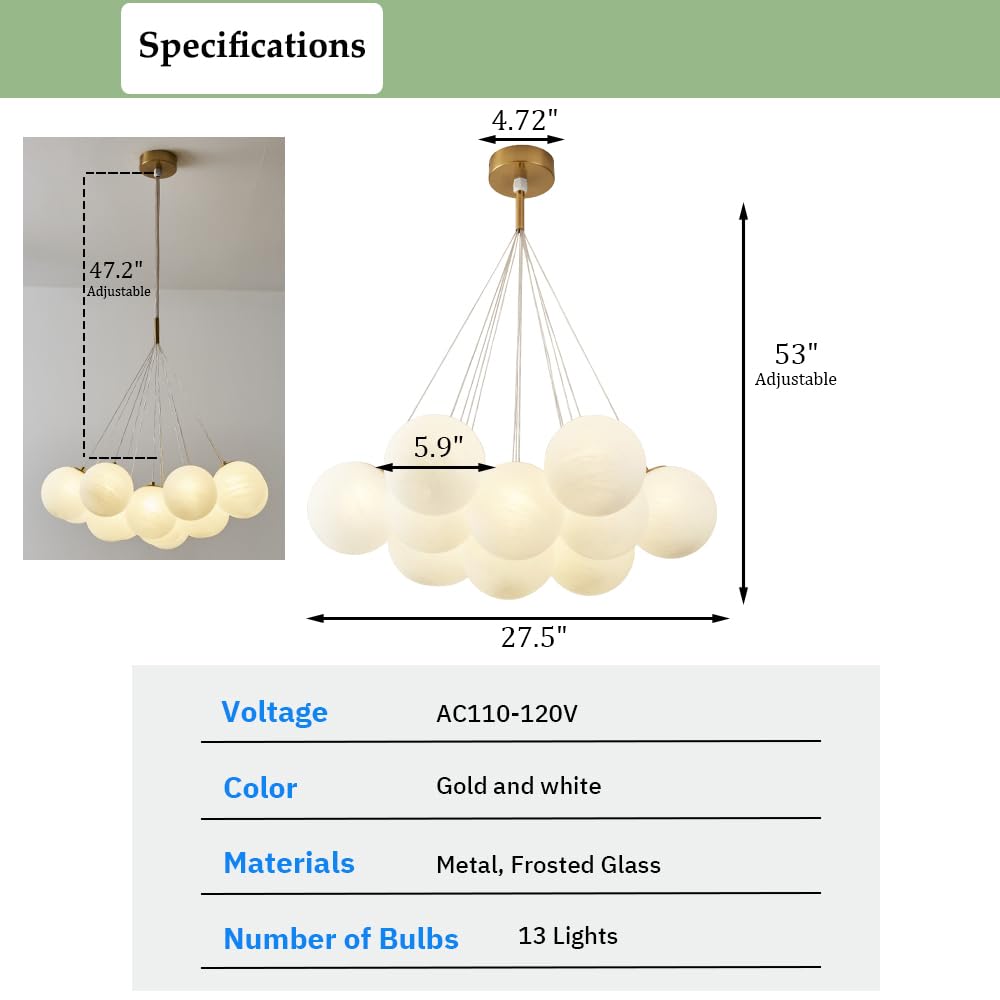 Elegant Glass Bubble Chandelier - 13-Light Frosted Globe Pendant Light Fixture in Gold for Living Room & Dining Room | Perfect for Modern Home Decor, Wedding Venues and Luxury Interior Lighting