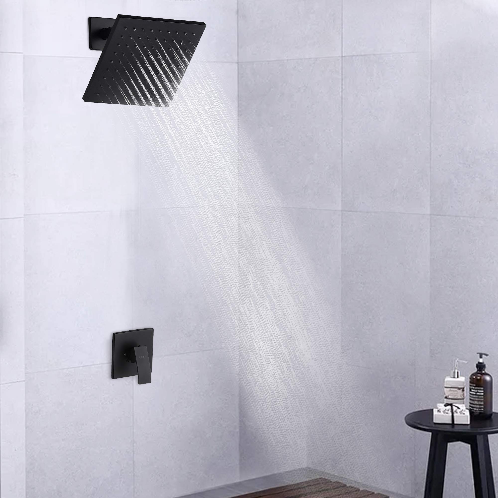 SOKA Matte Black Shower Faucet Set - 8 Inch Rainfall Shower Head with Pressure Balance Valve | Modern Square Shower System for Bathroom | Perfect for Spa-Like Experience & Luxury Home Renovation