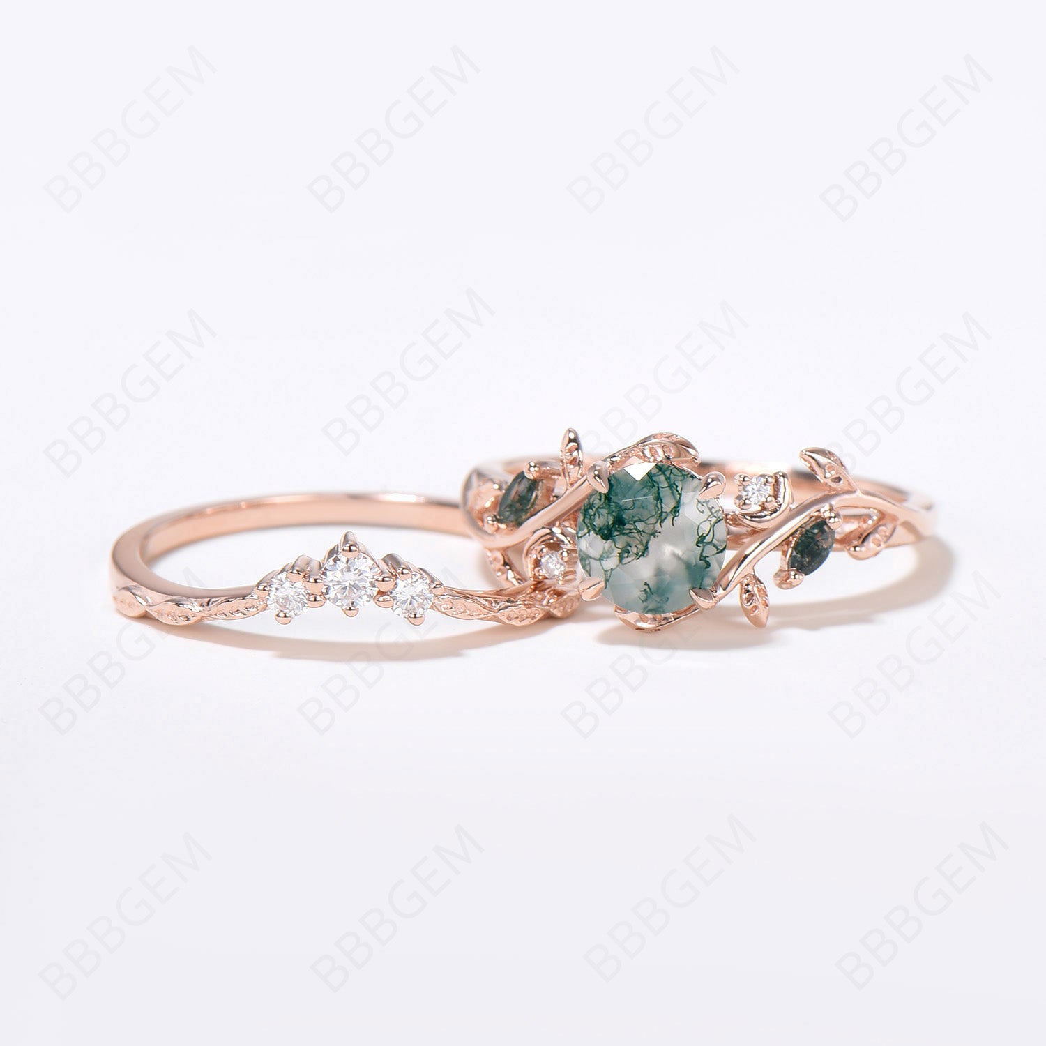 14K Rose Gold Moss Agate Engagement Ring Set - Nature Inspired Leaf Vine Design with Round Aquatic Agate Wedding Band (2-Piece Bridal Set) | Perfect for Outdoor Weddings, Beach Proposals & Boho Chic Jewelry Lovers