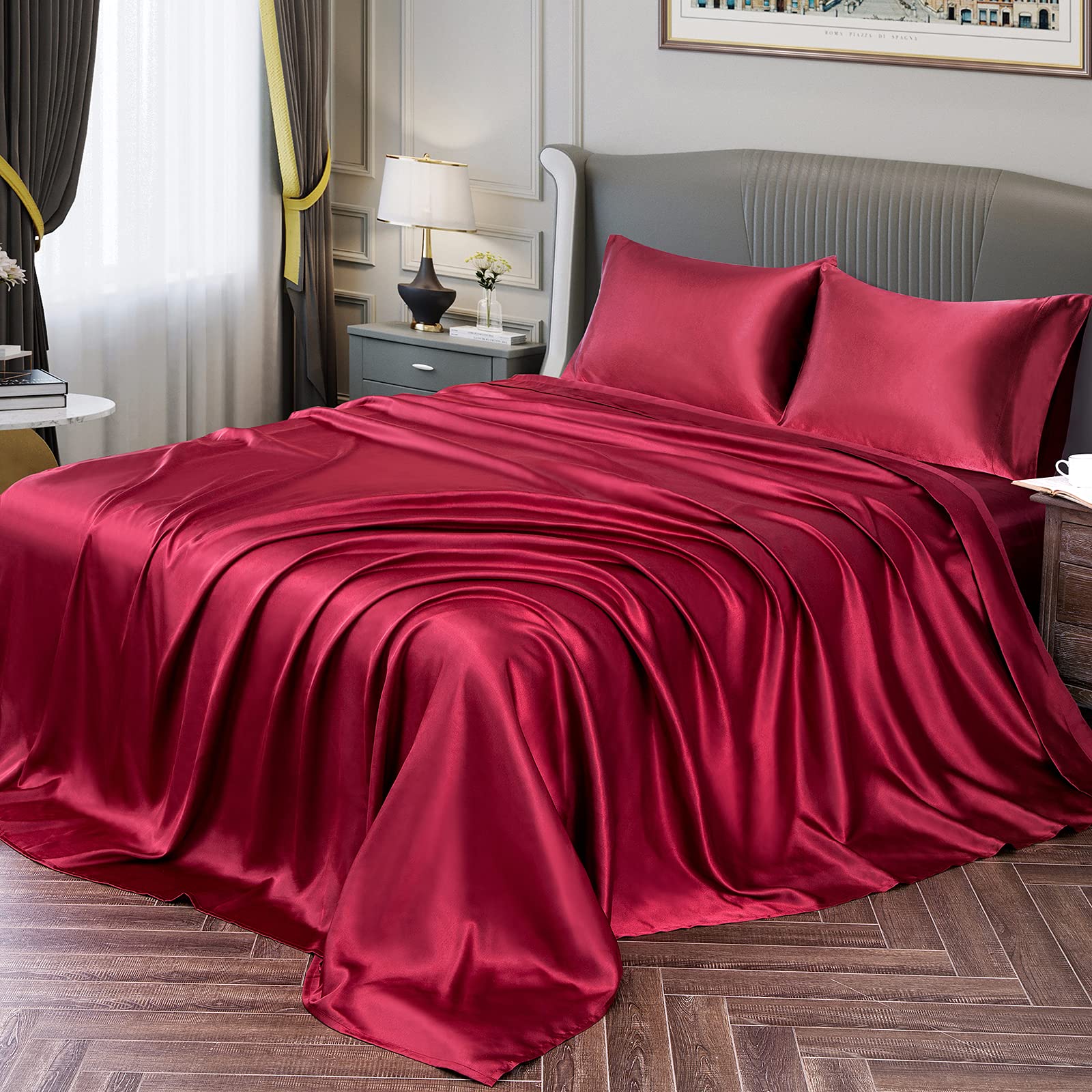 Luxury Vonty Satin Sheets Queen Size - Silky Soft Burgundy Satin Bed Sheet Set (1 Deep Pocket Fitted Sheet + 1 Flat Sheet + 2 Pillowcases) for Ultimate Comfort - Perfect for Romantic Bedrooms, Guest Rooms & Luxury Hotels