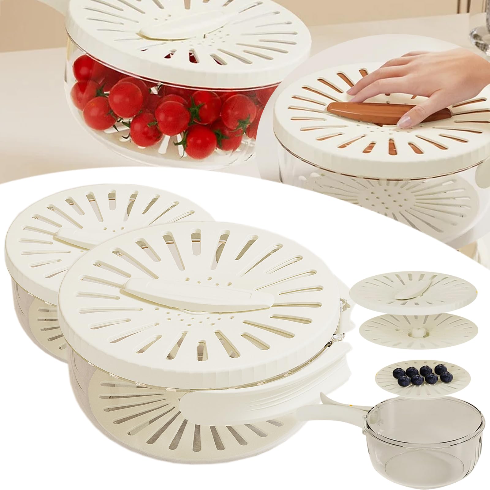 2 in 1 Drainer and Strainer Set - 2024 New Kitchen Draining Basket with Lid, Foldable Handle Fruit Washing Bowl & Colander - Perfect for Washing Vegetables, Berries, Pasta & Salad Prep (2-Piece, White)