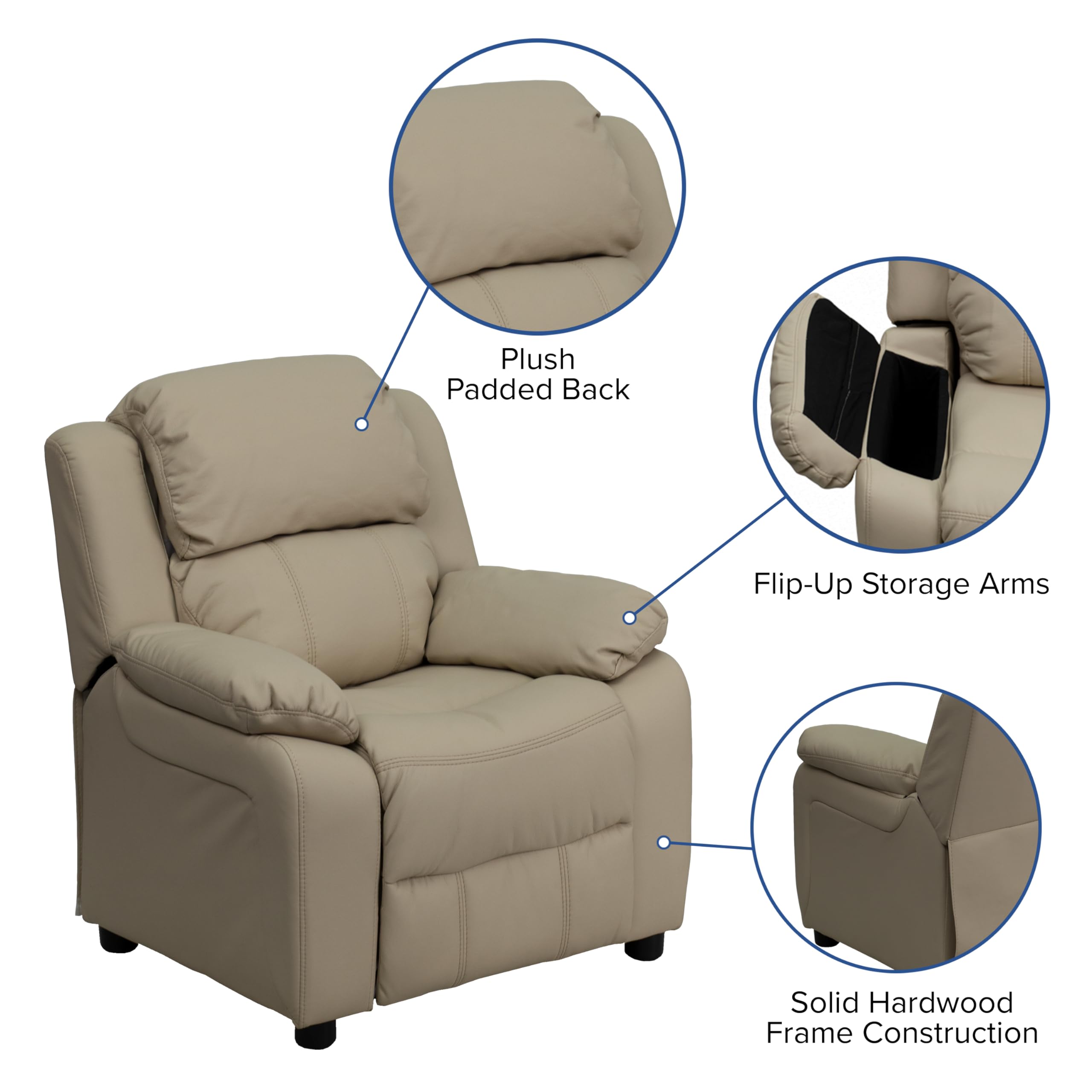 Flash Furniture Charlie Vinyl Kids Recliner with Flip-Up Storage Arms & Safety Recline - Contemporary Reclining Chair for Children (Supports 90 lbs, Beige) - Perfect for Playrooms, Bedrooms & Movie Nights