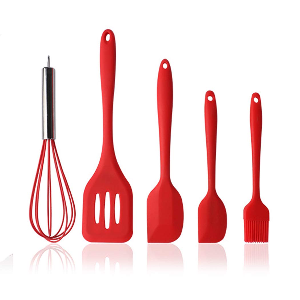5-Piece Silicone Kitchen Utensil Set - Nonstick Cooking Spatulas, Brush & Tools for Baking, Frying & Sauteing - Heat Resistant Red Kitchen Gadgets for Home Chefs