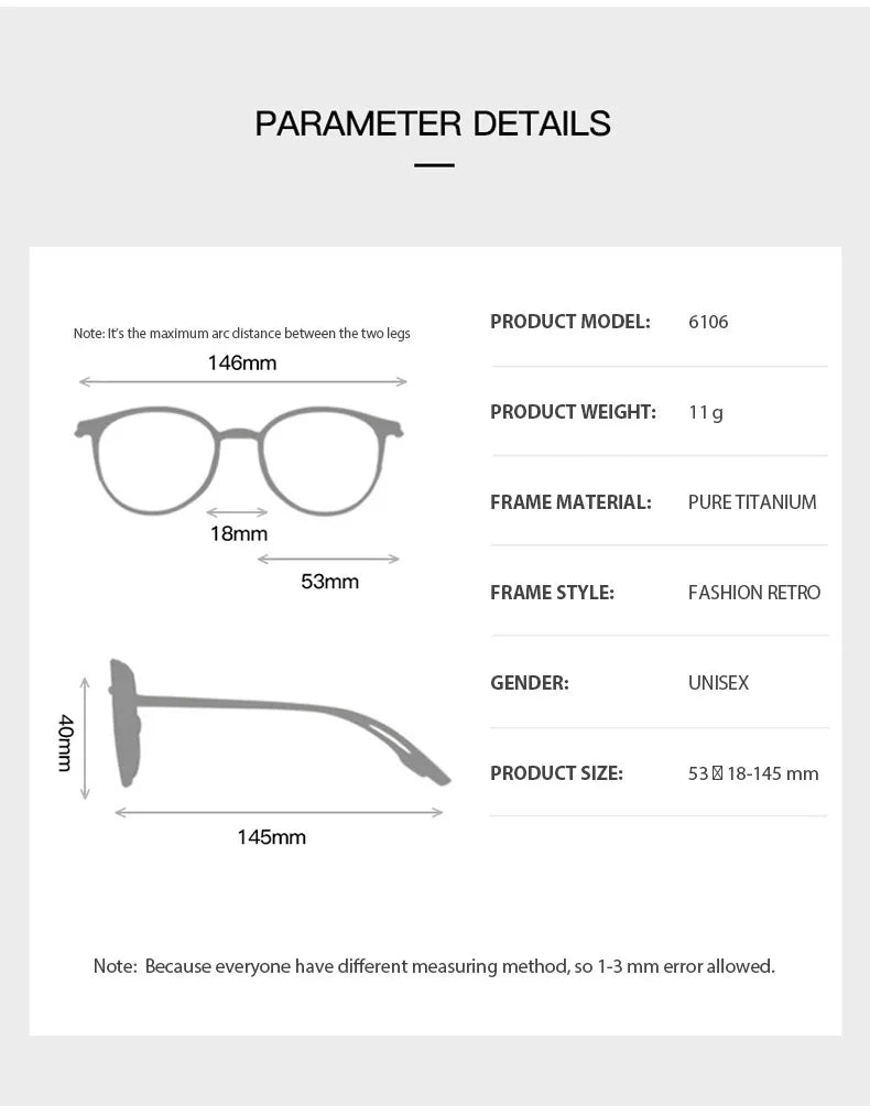 Unisex Titanium Square Full Rim Eyeglasses 6106 - Lightweight & Durable for Reading, Work & Everyday Use