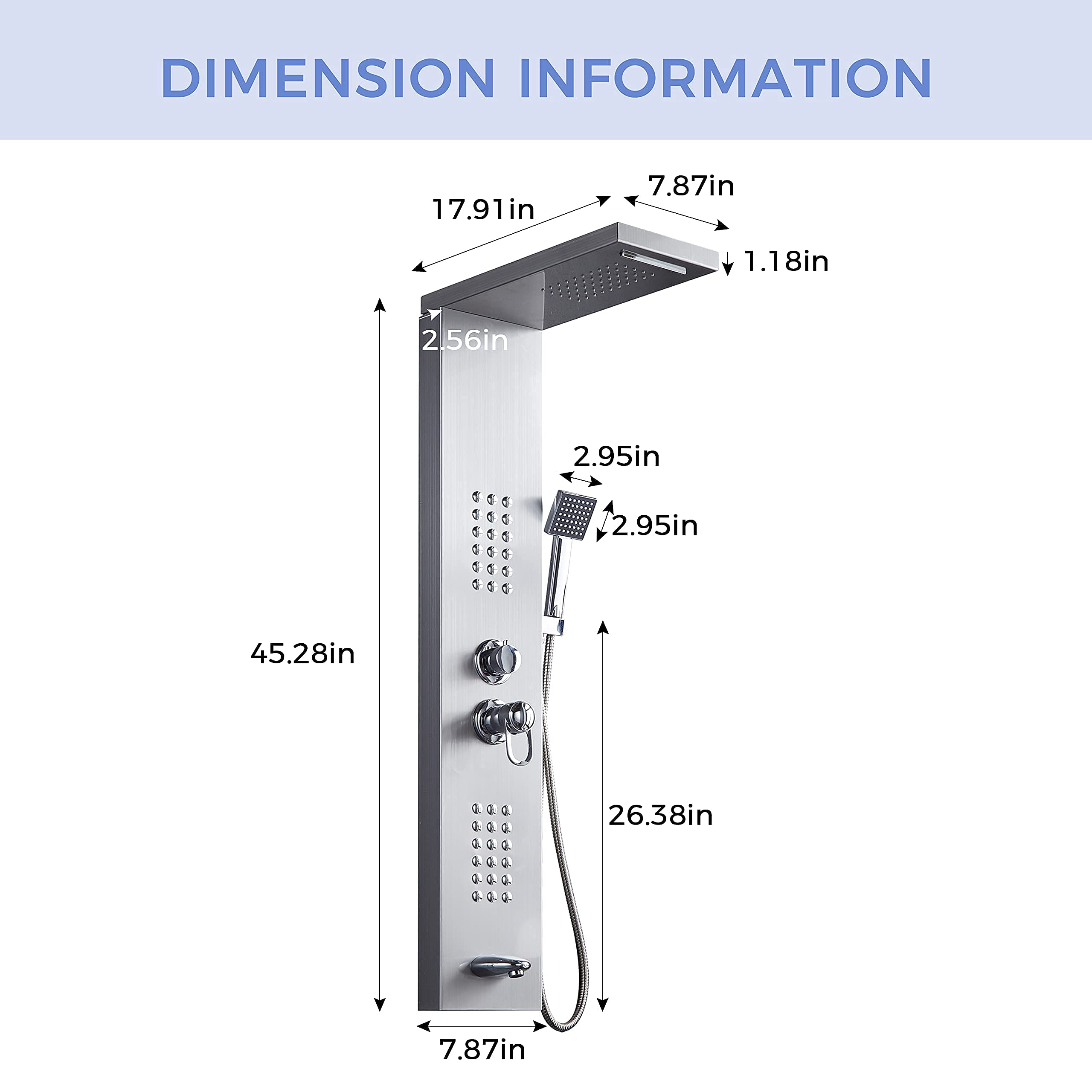 Delavin Stainless Steel Shower Panel Tower System - Wall Mounted Rainfall Shower Head with Massage Body Jets, Tub Spout & Handheld Shower | Brushed Nickel Finish | Perfect for Bathroom Remodeling & Spa-Like Shower Experience