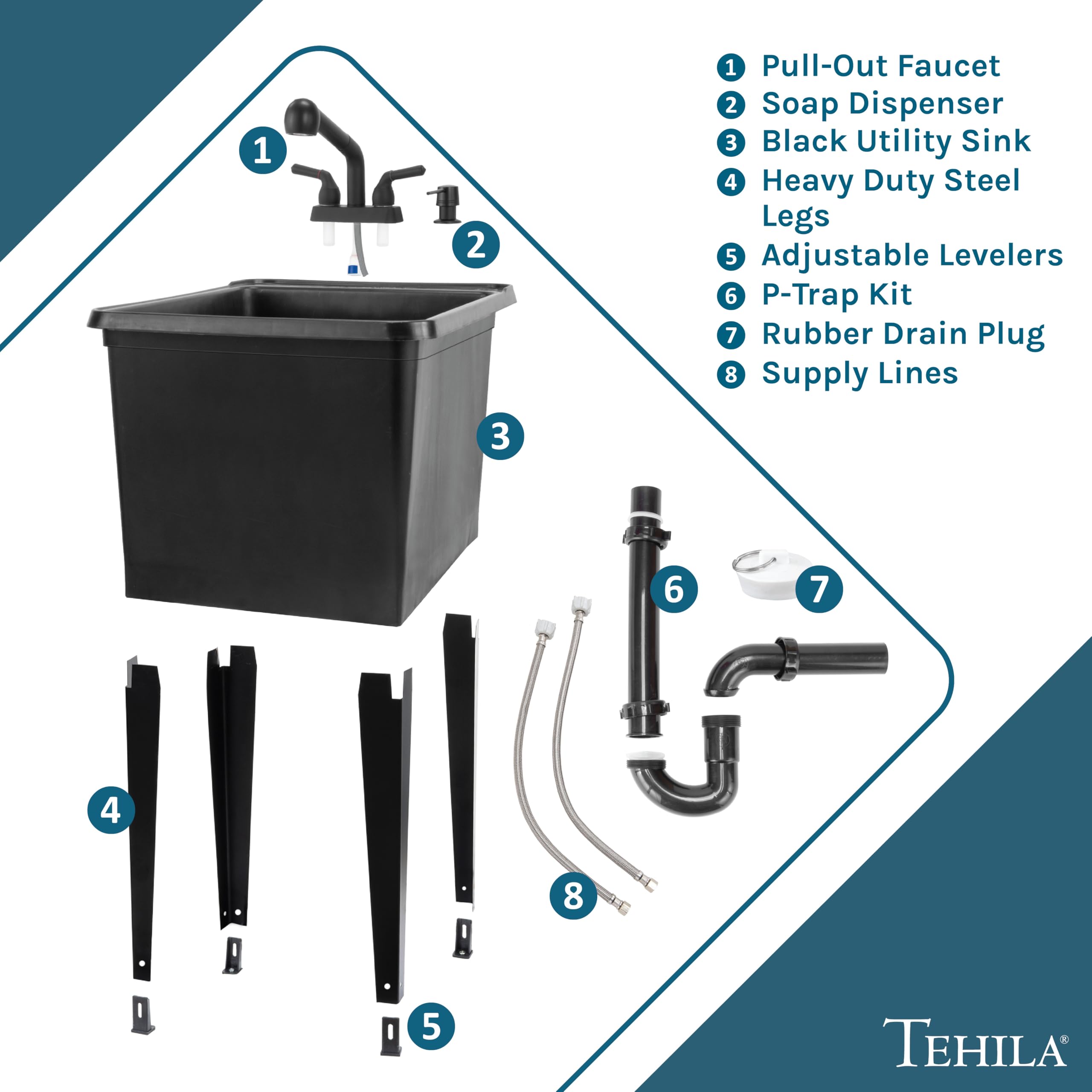 JS Jackson Supplies Space Saver Utility Sink with Pull-Out Faucet & Soap Dispenser - Black Tub for Laundry Room, Garage, or Basement Use