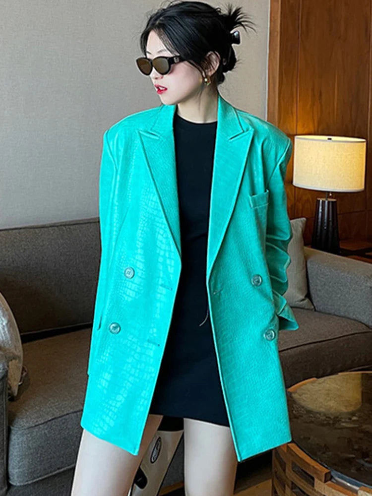 Stylish Oversized Purple Crocodile Print Faux Leather Blazer for Women - Long Sleeve Double Breasted Y2K Fashion Jacket | Perfect for Office Wear, Night Out & Retro Outfits