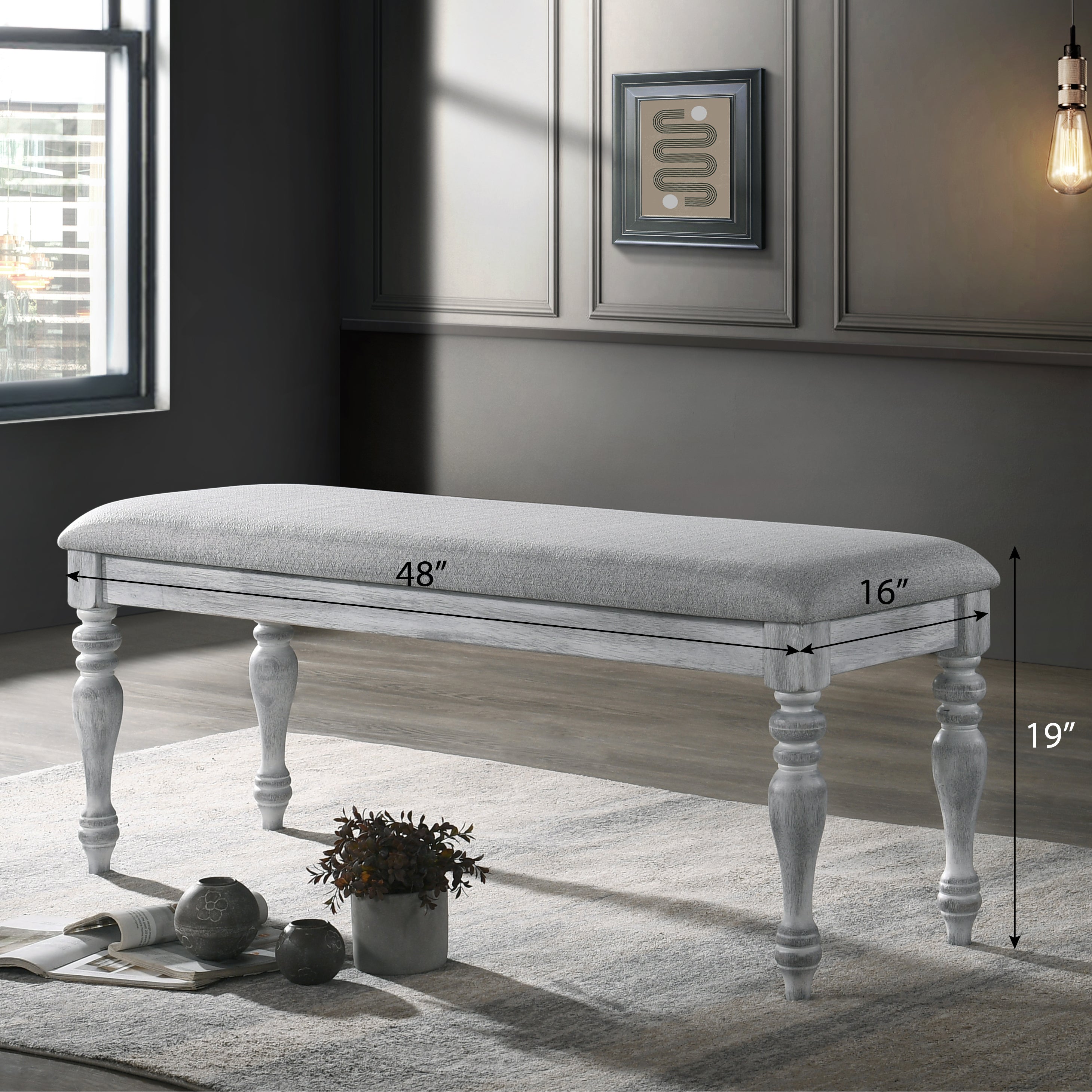 Roundhill Furniture Salines Upholstered Turned Leg Dining Bench - Rustic White Farmhouse Style | Perfect for Kitchen Nook, Breakfast Bar & Dining Room Decor
