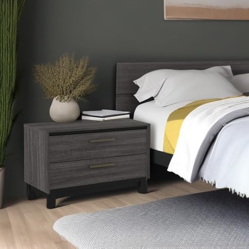 Roundhill Furniture Loana Wood 2-Drawer Nightstand, Antique Grey - Bedside Table for Bedroom, Living Room & Guest Room - Compact Storage Solution with Two Drawers