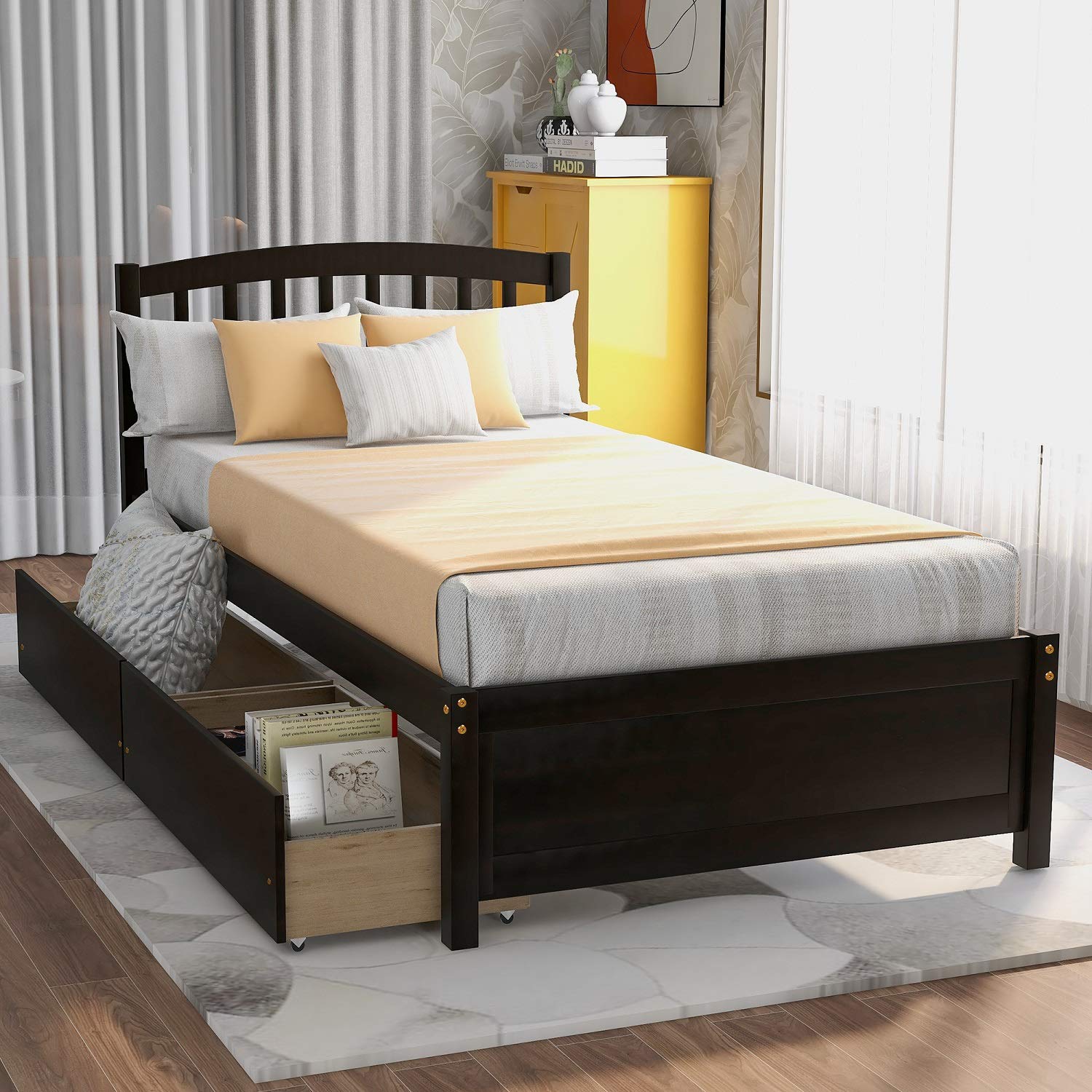 **Danxee Twin Size Wooden Platform Bed Frame with Headboard & Storage - Espresso Finish, Space-Saving Design for Small Bedrooms, Kids Rooms & Guest Rooms**