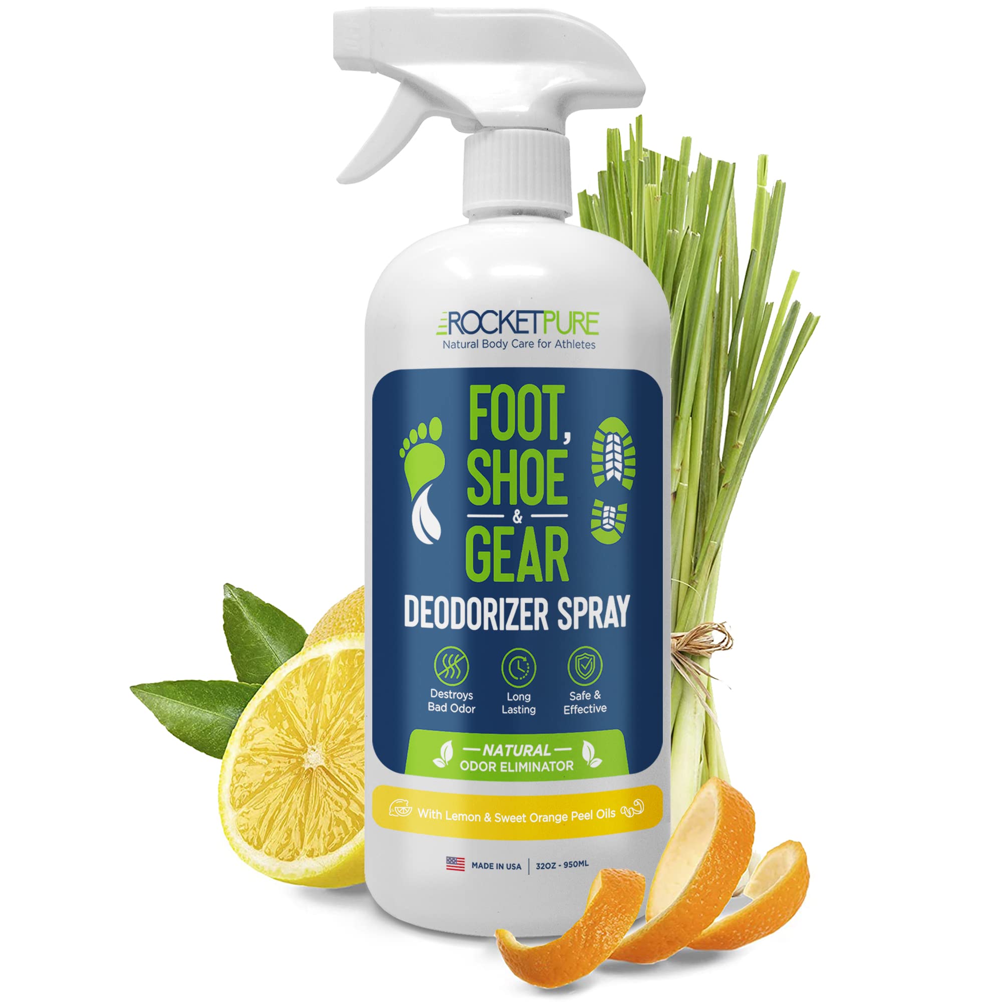 Natural Odor Eliminator Spray for Shoes & Feet - Essential Oil Based Deodorizer for Footwear, Sports Gear & Gym Bags - Controls & Prevents Odors - Made in USA (Lemon Scent, 32oz) - Perfect for Athletes, Travelers & Active Lifestyles
