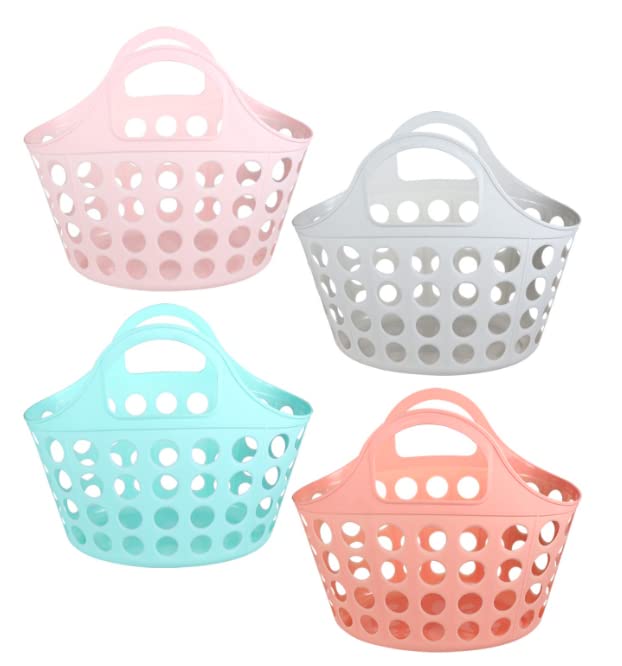 LSM Set of 4 Colorful Oval Slotted Plastic Storage Baskets - 12.5x10.12 Inches, Bundle with Oggetto (Red, White, Pink, Colors May Vary) - Perfect for Home Organization, Bathroom Storage & Kids Room Decor