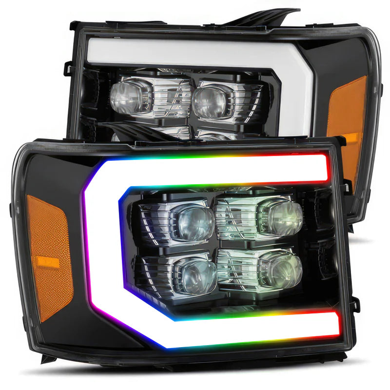 Alpharex GMC Sierra Multicolor Flow Series Jet Black Headlights (2007-2013) - LED Projector Headlights for Off-Road & Night Driving