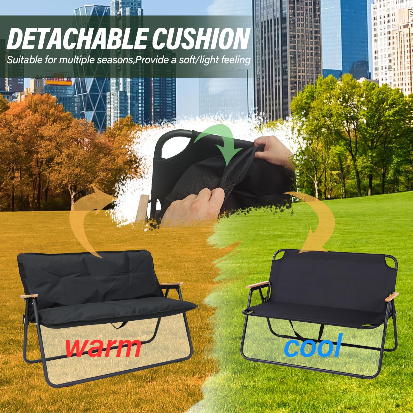 Folding Double Camping Chair with Detachable Cushion & Armrests - Portable Loveseat for Outdoor Activities, Fishing, Travel, Picnics, Beach, Patio & Backyard (Black) - Perfect for Couples & Family Relaxation