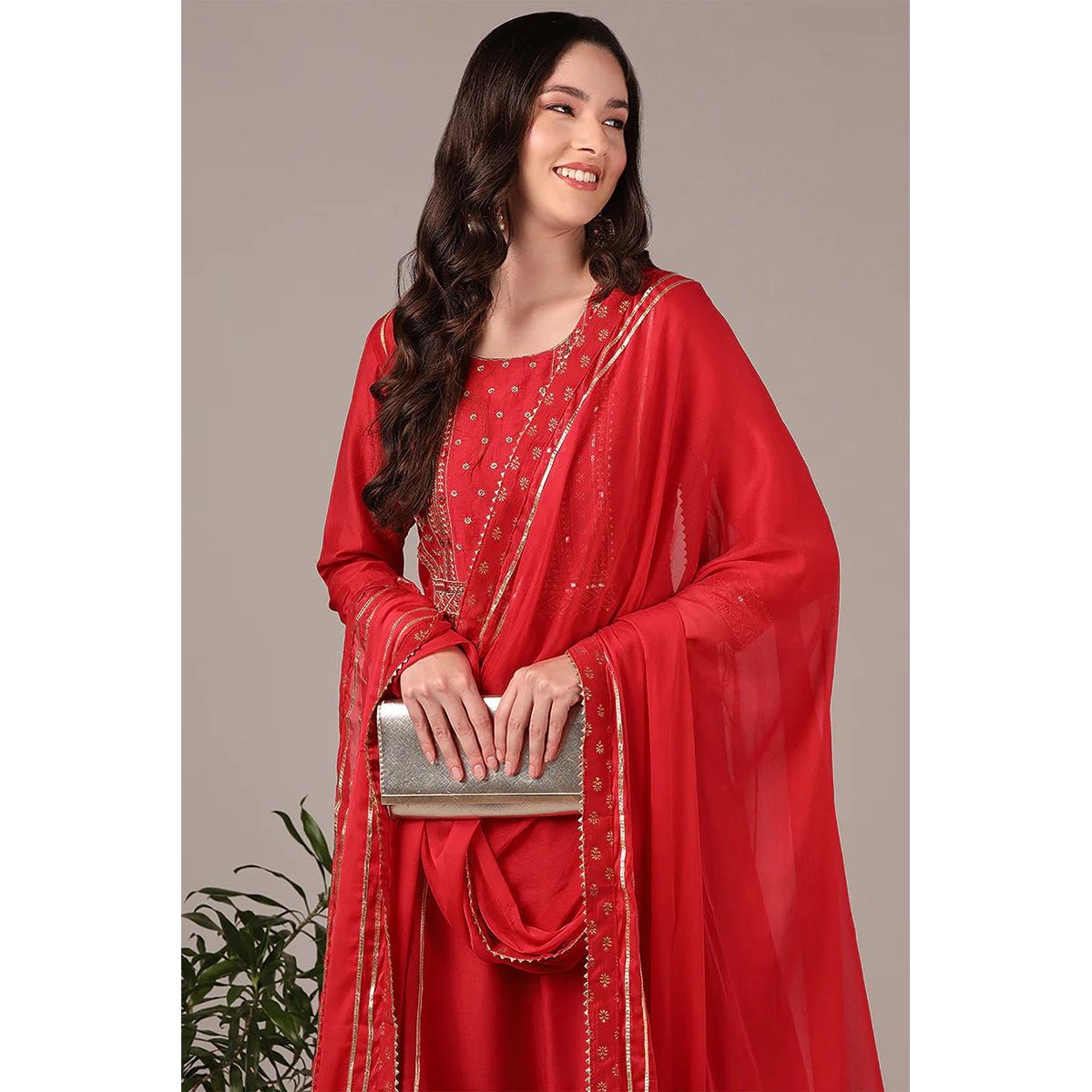 Elegant Red Silk Blend Anarkali Dress Set for Women | Festive & Party Wear | Perfect for Weddings, Diwali Celebrations & Special Occasions