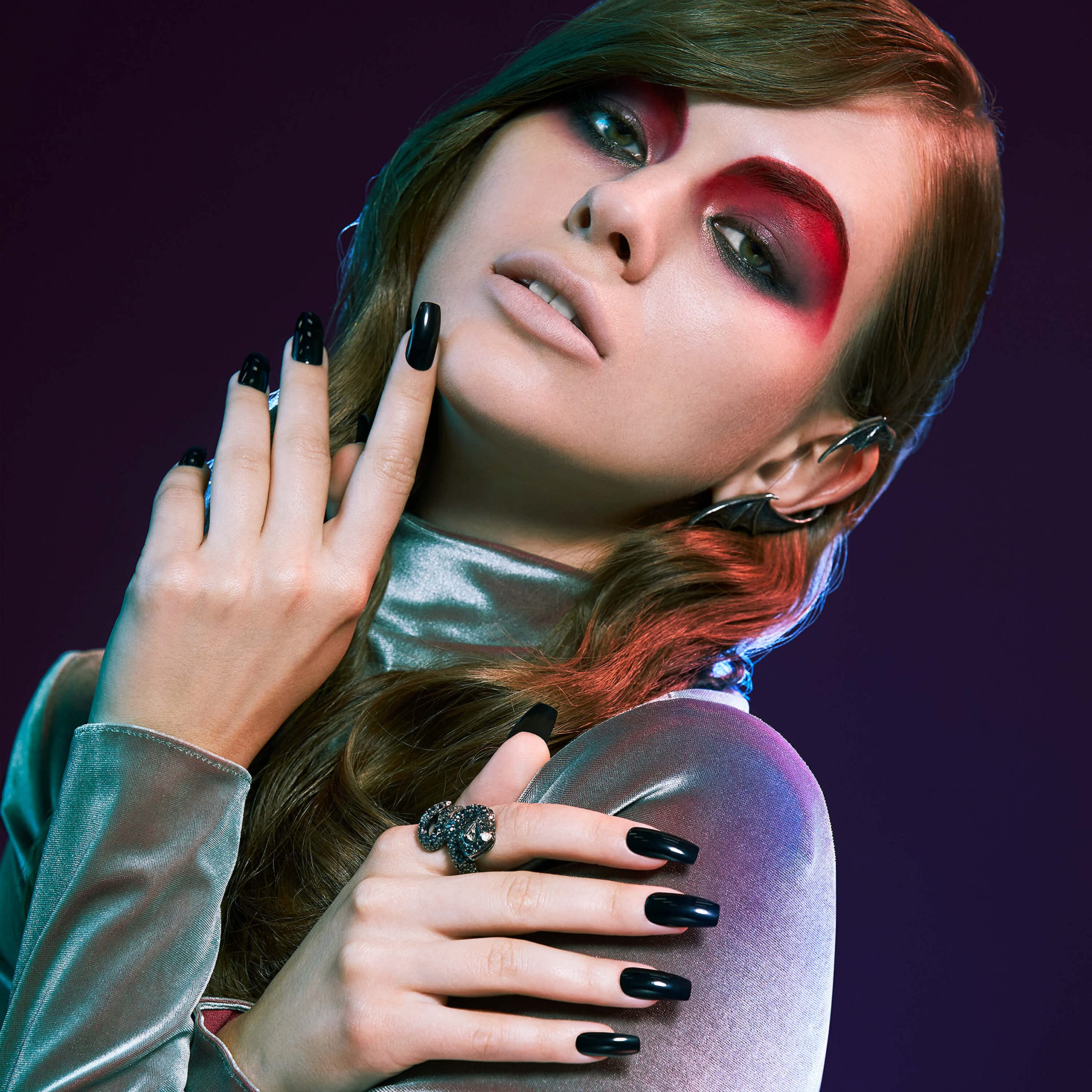 Kiss Salon Color Special Halloween Design Fake Nails - Long Coffin Shape, 28 Pieces, 'Don't Touch Me' Style for Costume Parties & Spooky Events