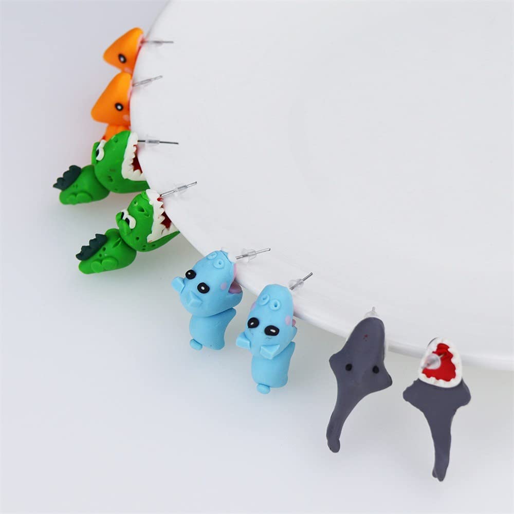 6 Pairs Cute 3D Animal Stud Earrings - Handmade Alloy Clay Dinosaur & Shark Earrings for Women | Perfect for Casual Wear, Parties & Gifts