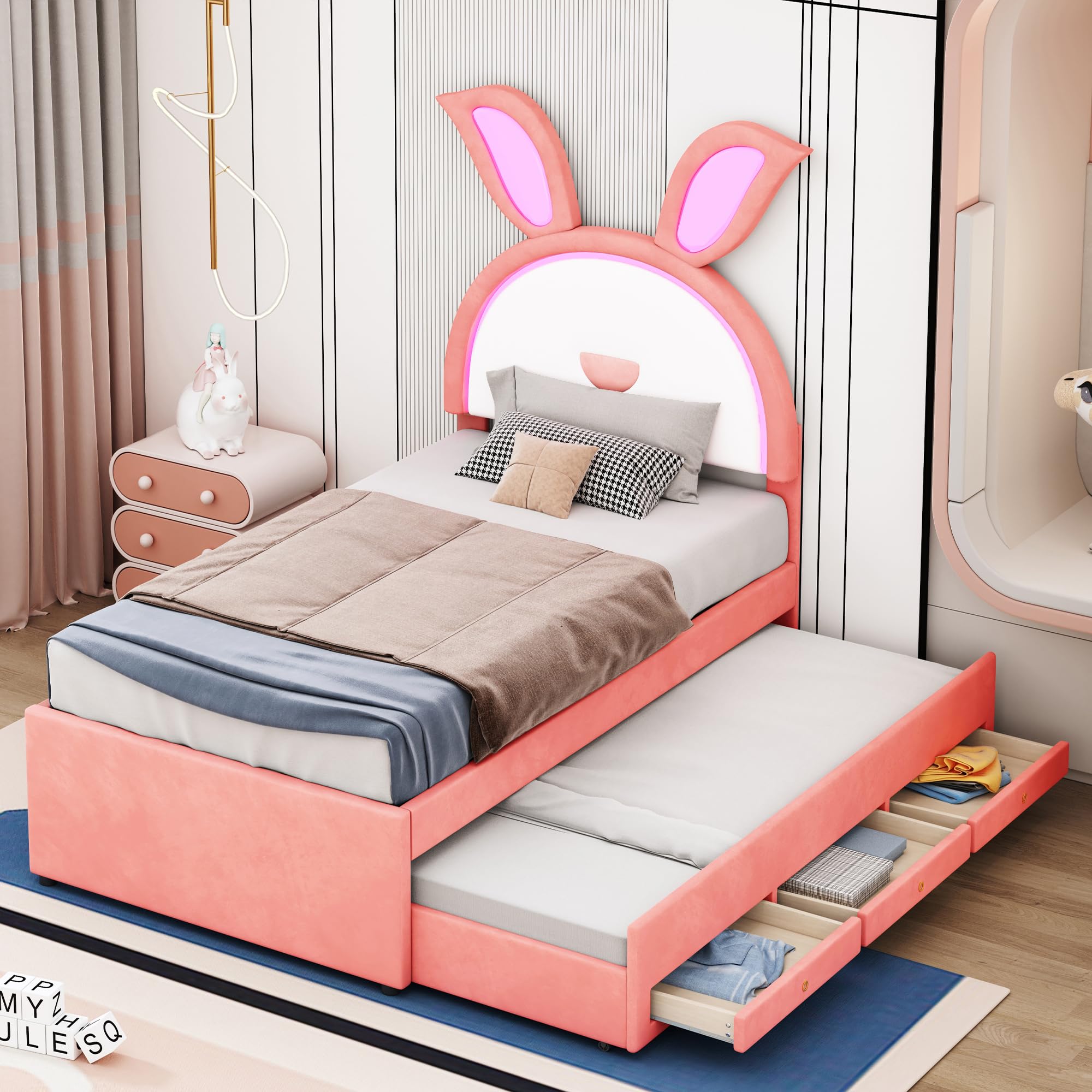 P PURLOVE Twin Size Wooden Platform Bed Frame with Rabbit-Shaped Headboard - Upholstered Bed with Trundle, 3 Storage Drawers & LED Lights - No Box Spring Required - Easy Assembly - Pink - Perfect for Kids Rooms, Teen Bedrooms & Nursery Decor