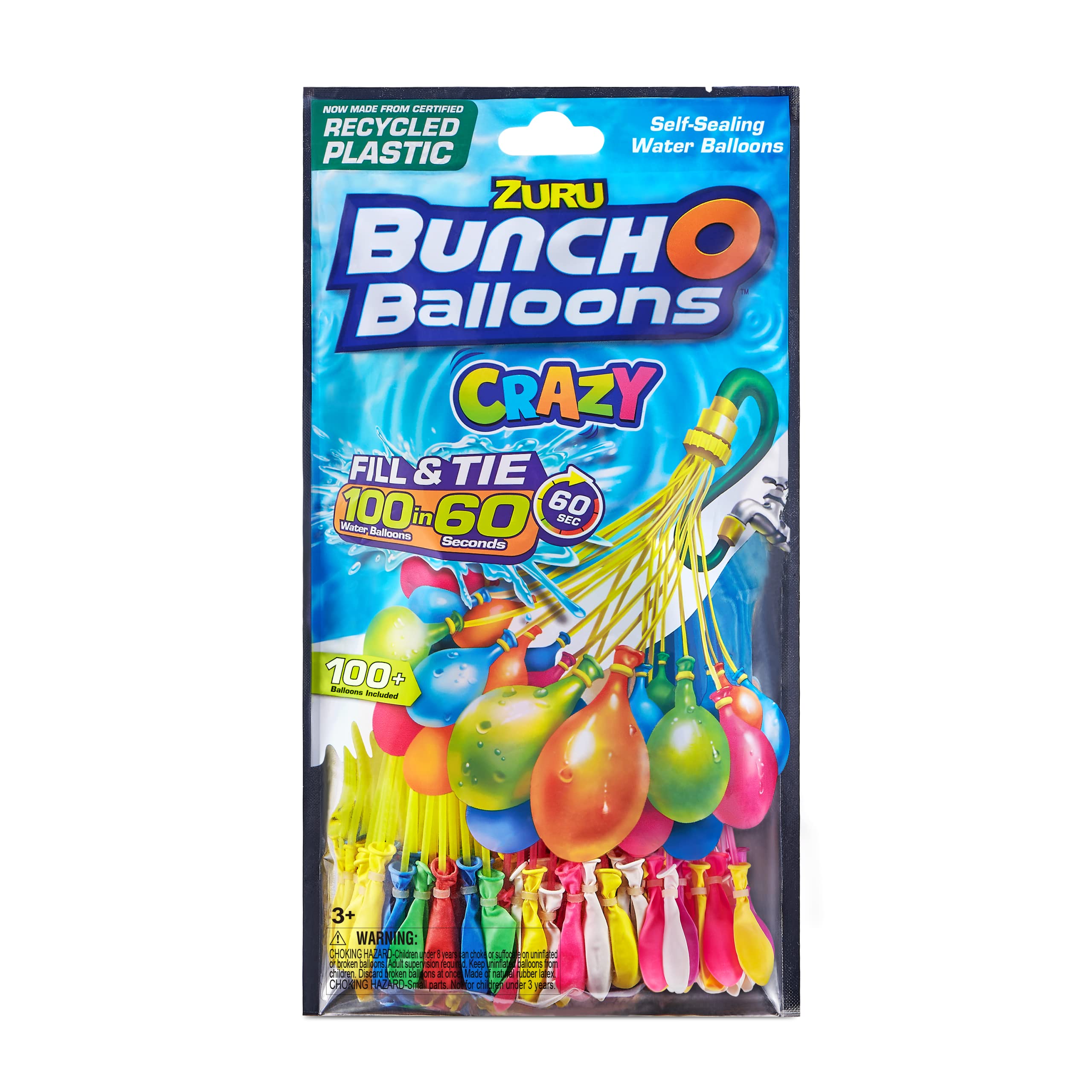 Bunch O Balloons 100 Rapid-Fill Crazy Color Water Balloons - 3 Pack Multi-Colored for Summer Parties, Outdoor Games & Kids Activities