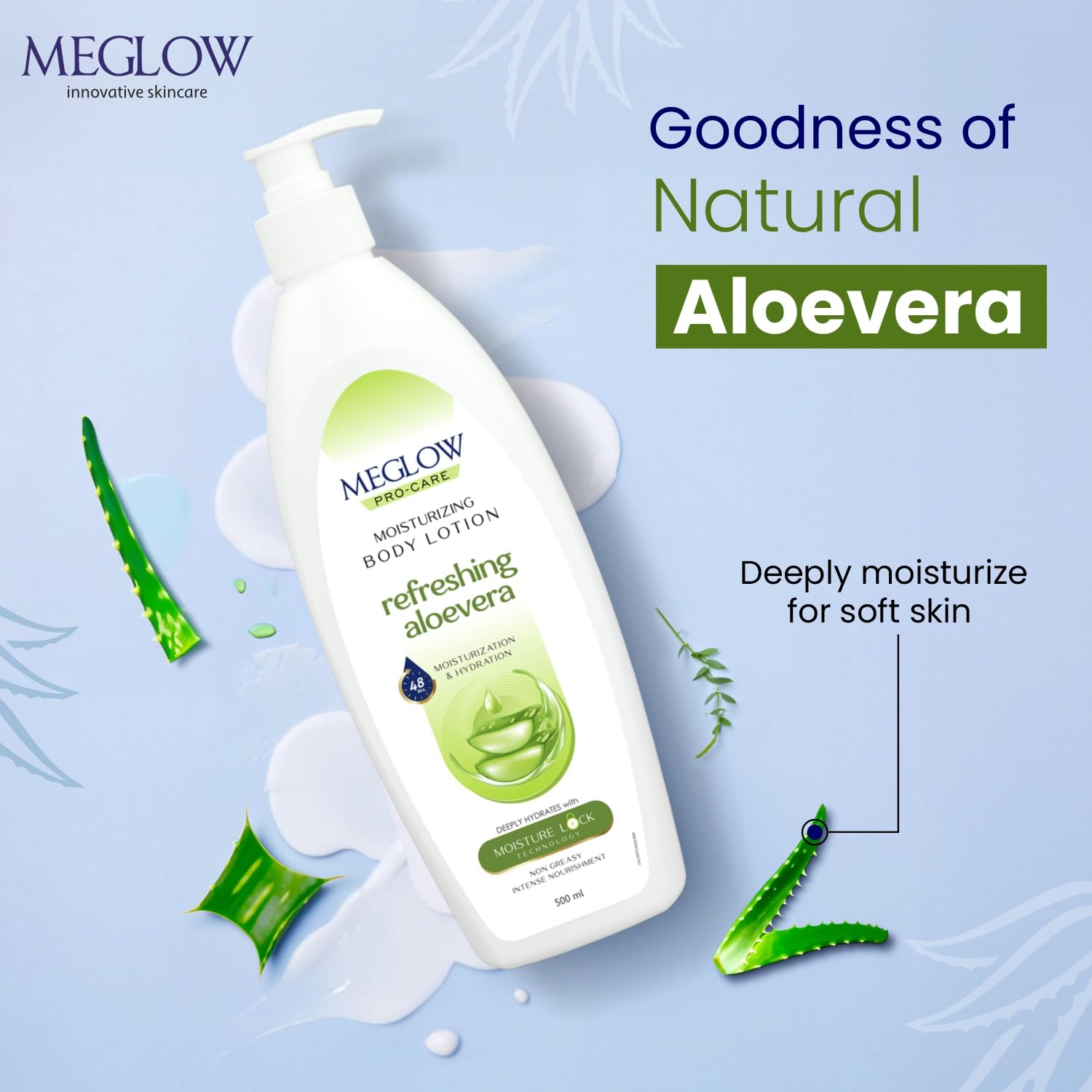 Meglow Pro-Care Moisturizing Body Lotion for Women & Men - 500ml Aloe Vera Enriched Hydrating Lotion for Dry Skin with 48-Hour Moisture Lock Technology | Perfect for Daily Use, After Shower & Winter Skin Care