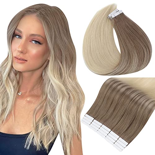 18 Inch Tape in Hair Extensions Human Hair - 20Pcs 50g Balayage Ash Brown to Platinum Blonde for Natural Volume & Length | Perfect for Daily Wear, Parties & Special Occasions