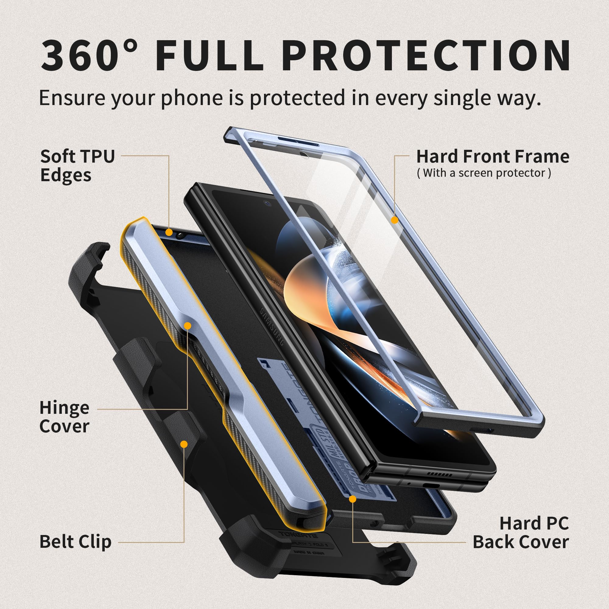 TONGATE Rugged Case for Samsung Galaxy Z Fold 5 with S Pen Holder, Screen Protector & Kickstand | Full-Body Hinge Protection, Belt Clip & Camera Cover | Shockproof Phone Case for Work & Outdoor Activities (ICY Blue)