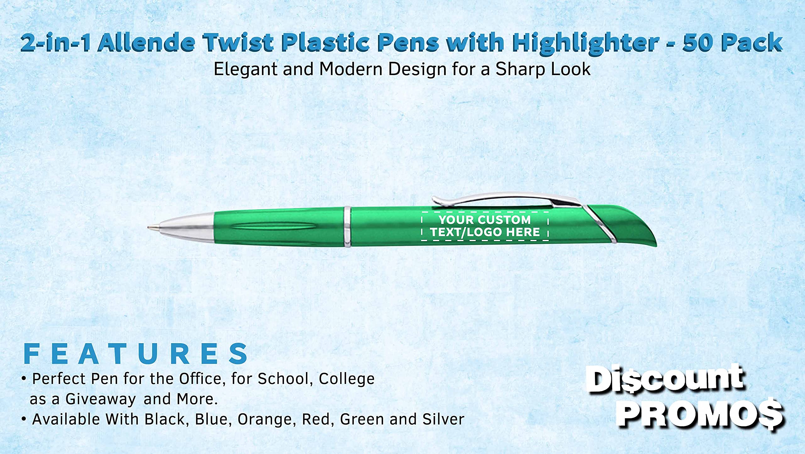 50-Pack Allende Twist Plastic Pens with Highlighter - Custom Text & Logo Printing - Durable Black Ink Office & School Supplies - Perfect for Business Gifts, Promotions & Student Use