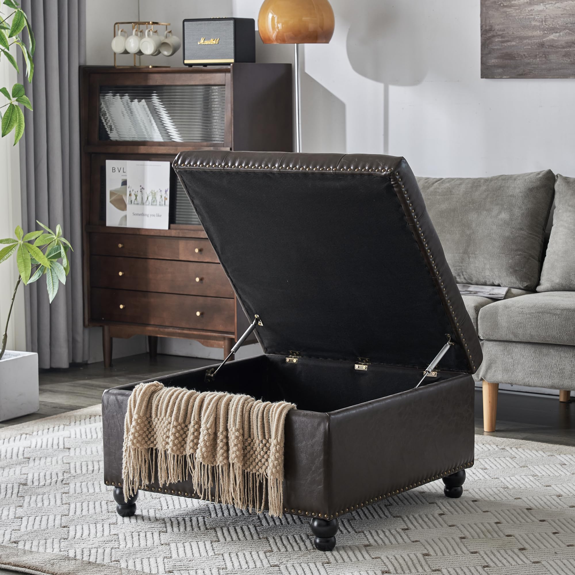 Square Storage Ottoman Bench - Oversized Coffee Table Ottoman with Hidden Storage for Living Room | Multi-Functional Seat, Footrest & Storage Solution