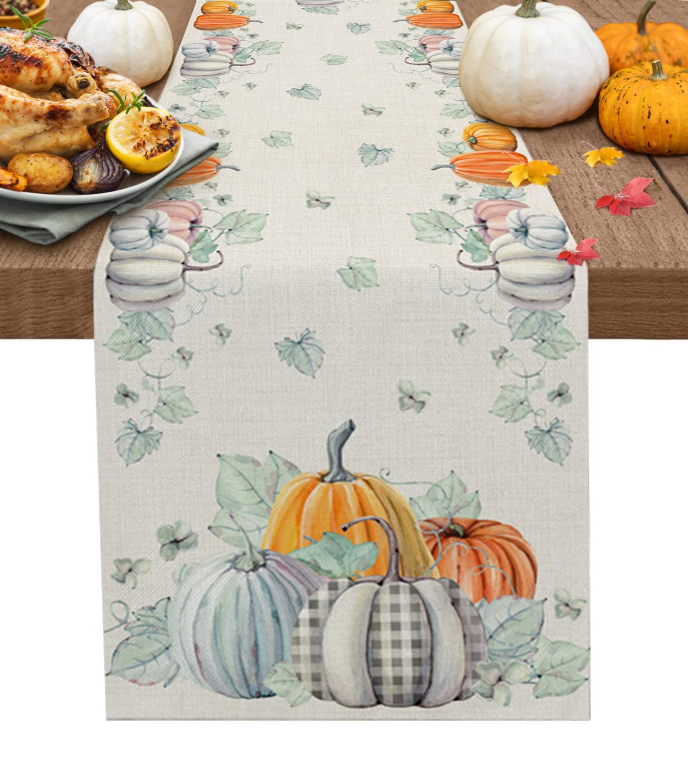 72 Inch Cotton Linen Table Runner - Thanksgiving & Fall Farmhouse Decor with Pumpkin Teal Maple Leaf Design, Rustic Burlap Table Scarf for Dining Table, Coffee Table, Wedding & Party Decorations | Perfect for Autumn Gatherings, Holiday Dinners and Farmhouse Style Home Decor