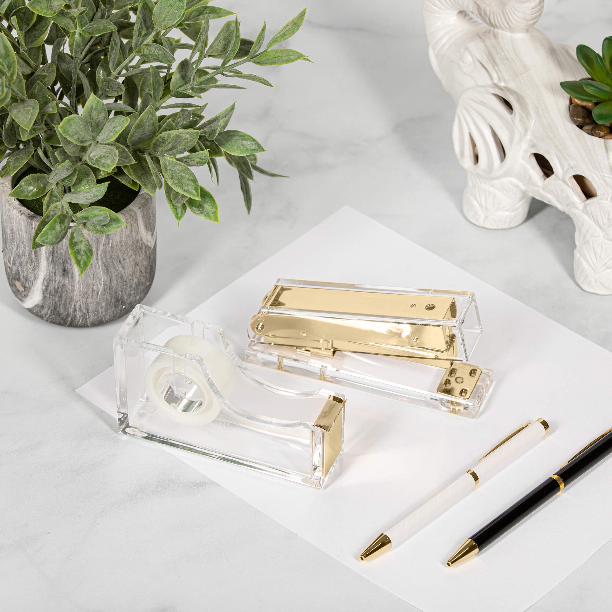 Luxury Acrylic Stapler and Tape Dispenser Set - Gold Office Supplies for Desk Organization | Elegant Gift for Home & Office Use | Modern Stationery for Professionals